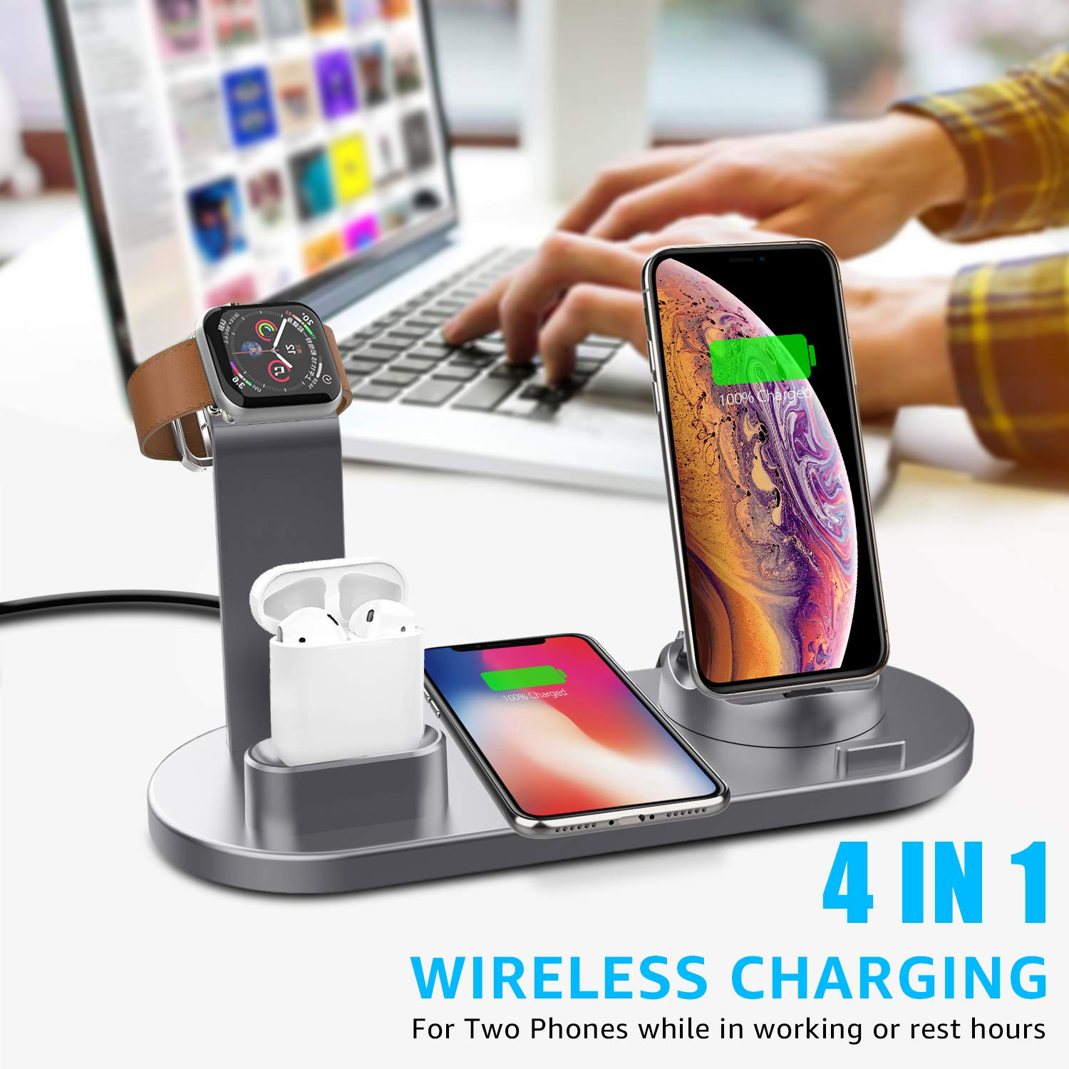Eine Multi-Geräte-Ladestation lädt zwei Telefone, AirPods und eine Uhr in einer Büroumgebung auf.