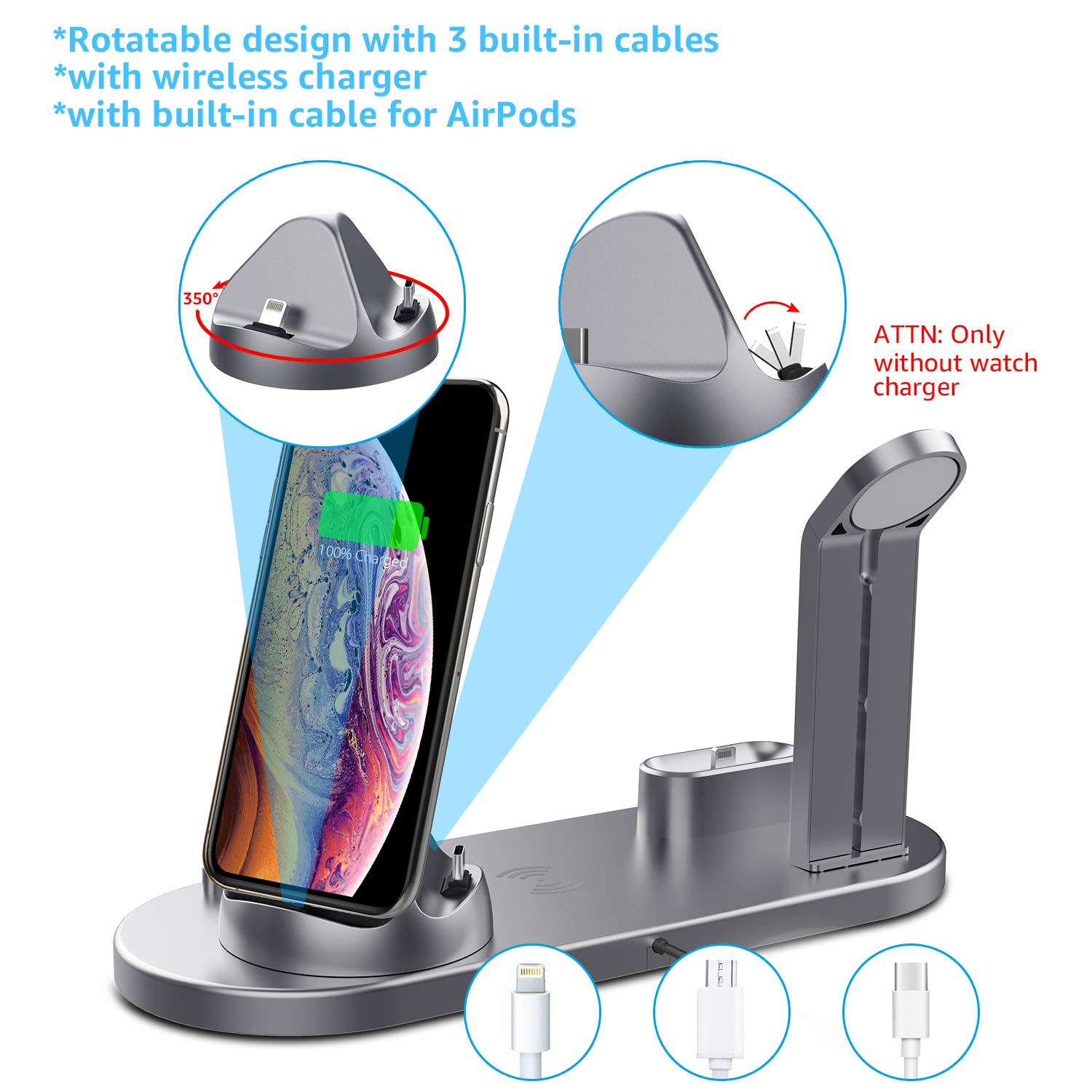 Eine silberne Ladestation hält ein Telefon mit einem Ladebildschirm. Kabel und Designdetails werden hervorgehoben.
