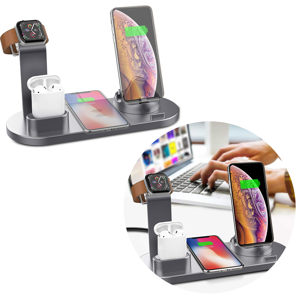 Eine Multi-Geräte-Ladestation hält zwei Telefone, eine Uhr und Ohrhörer. Ein Telefon zeigt einen Ladebildschirm an.
