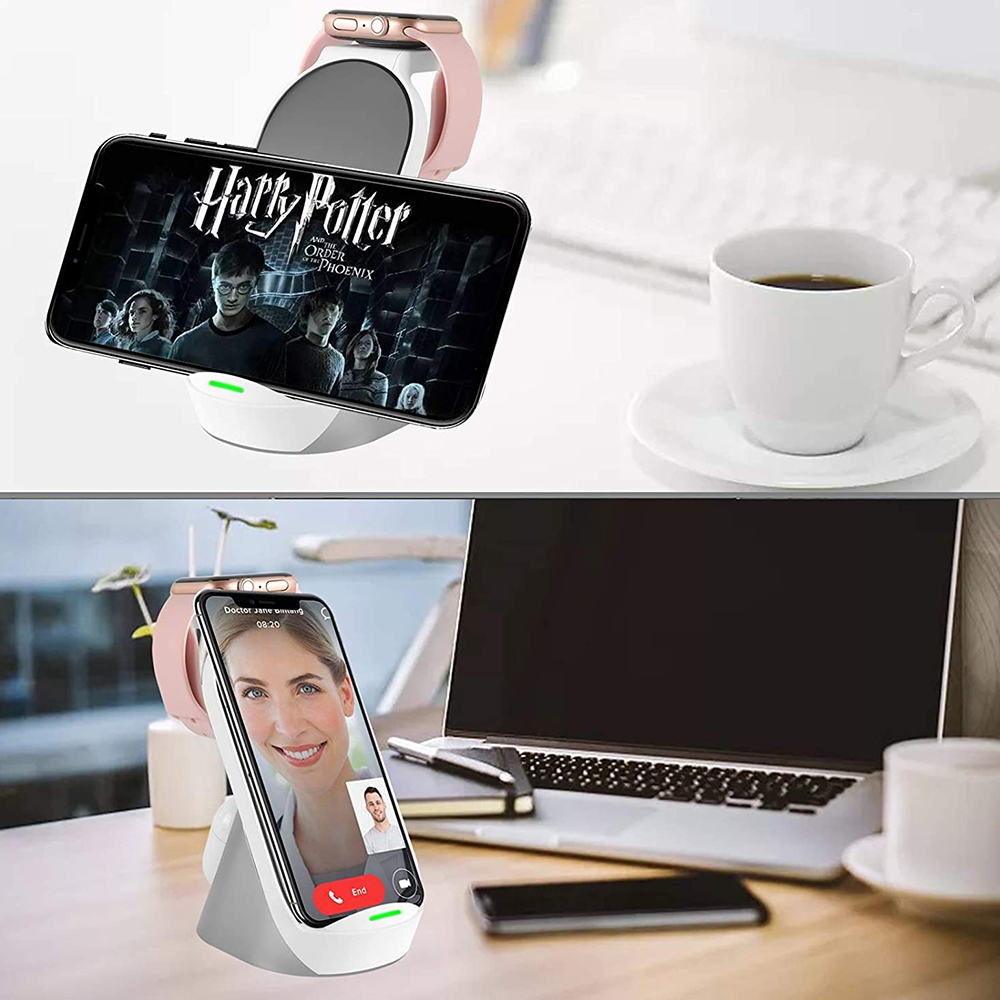 Ein kabelloser Ladeständer, der ein Telefon und eine Uhr in zwei verschiedenen Szenarien anzeigt.