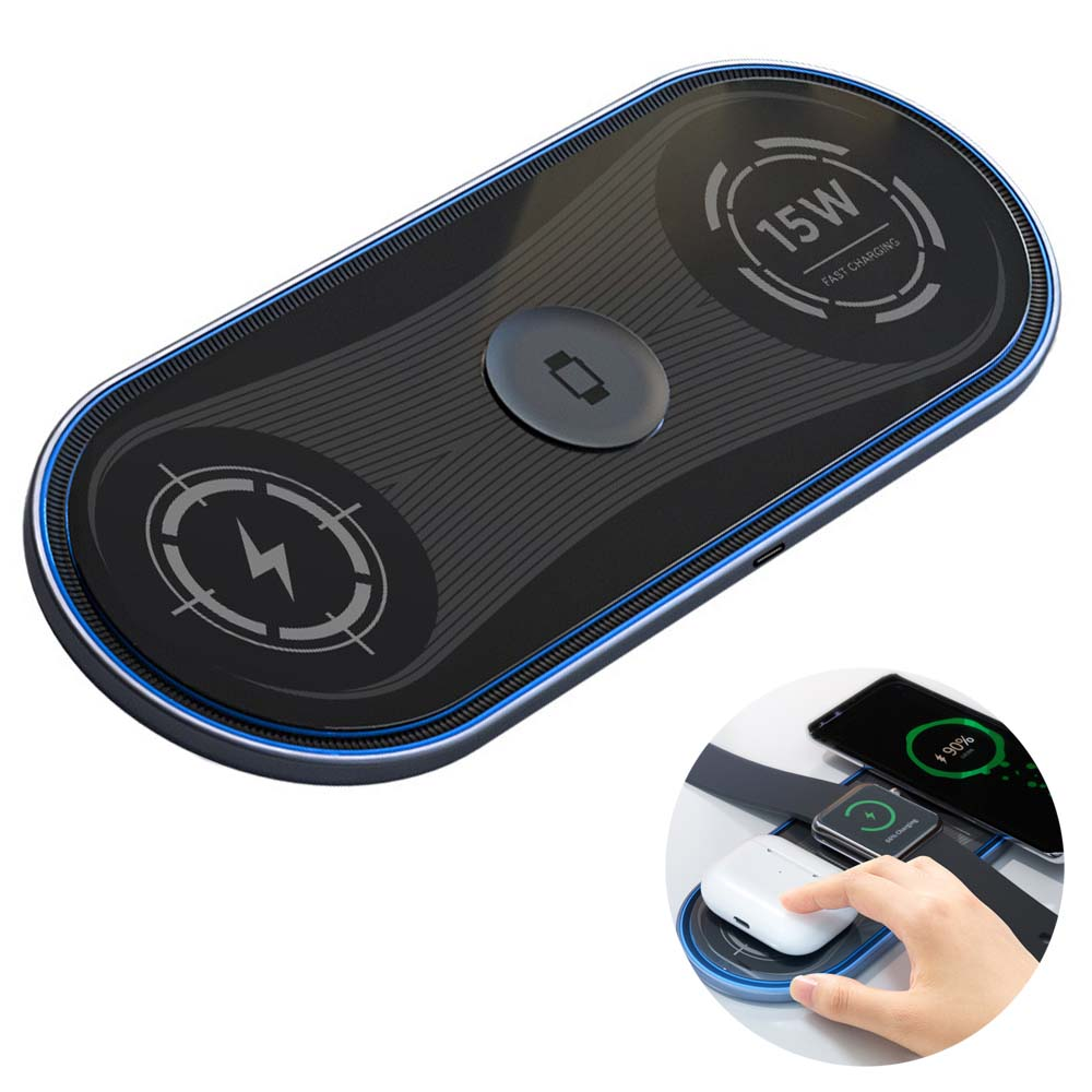 Ein kabelloses Ladepad, das Ladepositionen für ein Telefon, eine Uhr und Ohrhörer anzeigt.