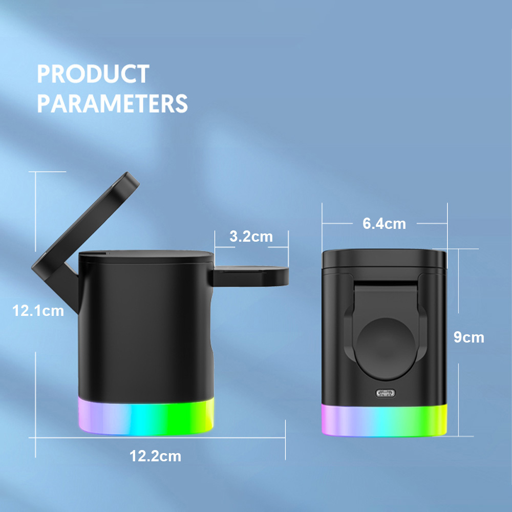Zwei Ansichten eines schwarzen kabellosen Ladegeräts, das Abmessungen zeigt, mit einer Regenbogen-LED-Lichtbasis.