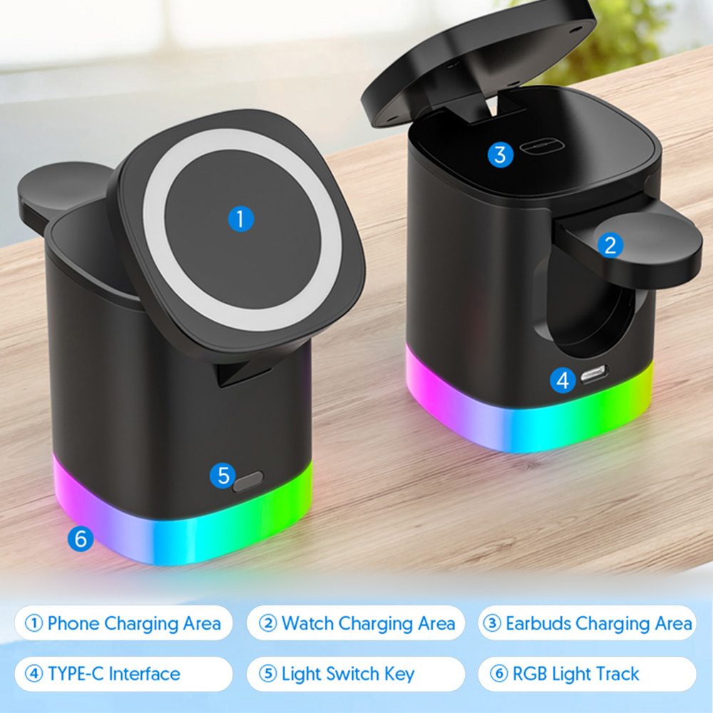 Eine schwarze Ladestation mit Ladebereich für Telefon, Uhr und Ohrhörer sowie RGB-Lichtleiste.