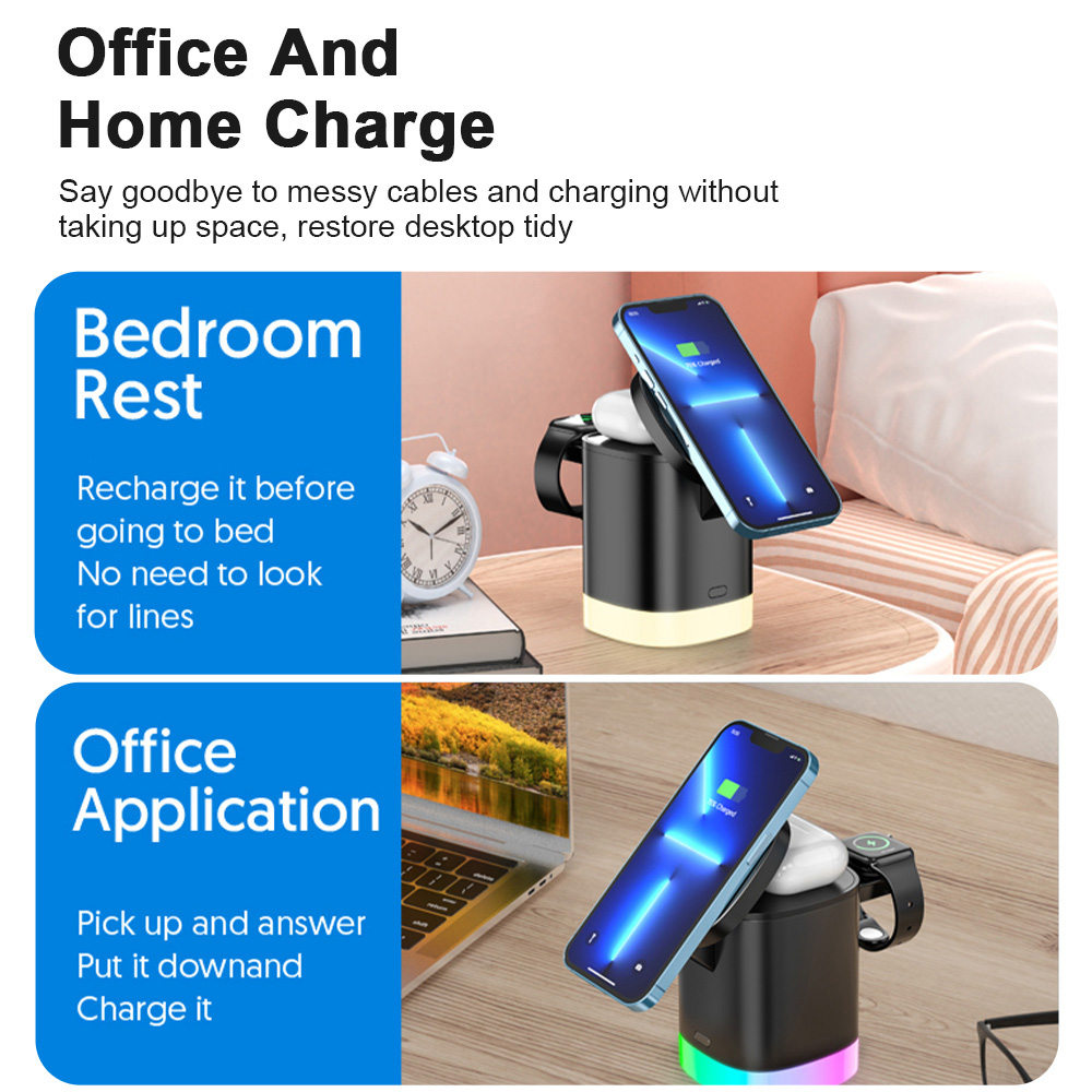 Eine Ladestation mit Telefon und Uhr, dargestellt in Schlafzimmer- und Büroumgebung.