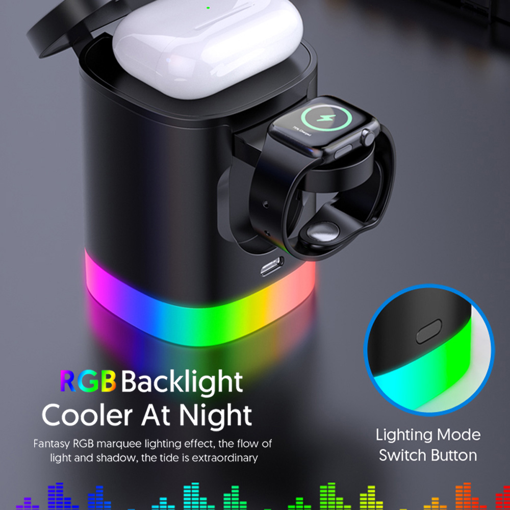 Eine Ladestation mit Ohrhörern und Uhrenladung, mit RGB-Hintergrundbeleuchtung und Lichtschalter.