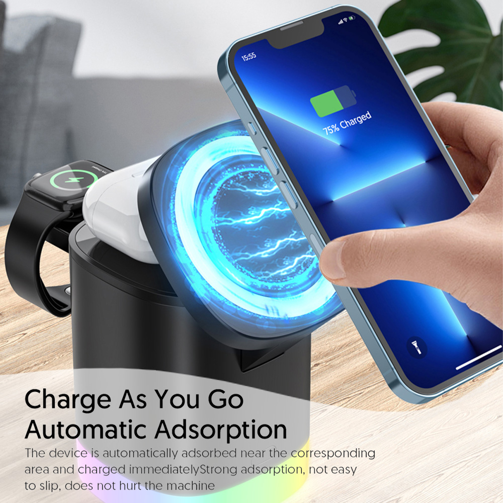 Eine Ladestation, die Geräte wie Telefon und Uhr automatisch adsorbiert. Das Telefon zeigt 75 % geladen an.