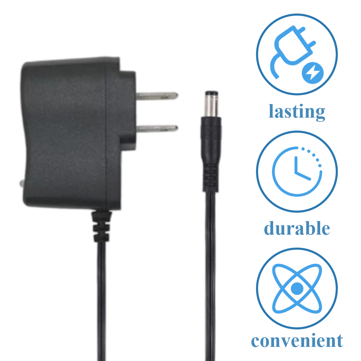 Ein schwarzer Netzadapter mit zweipoligem Stecker und DC-Anschluss, neben Symbolen für langlebig, haltbar und bequem.