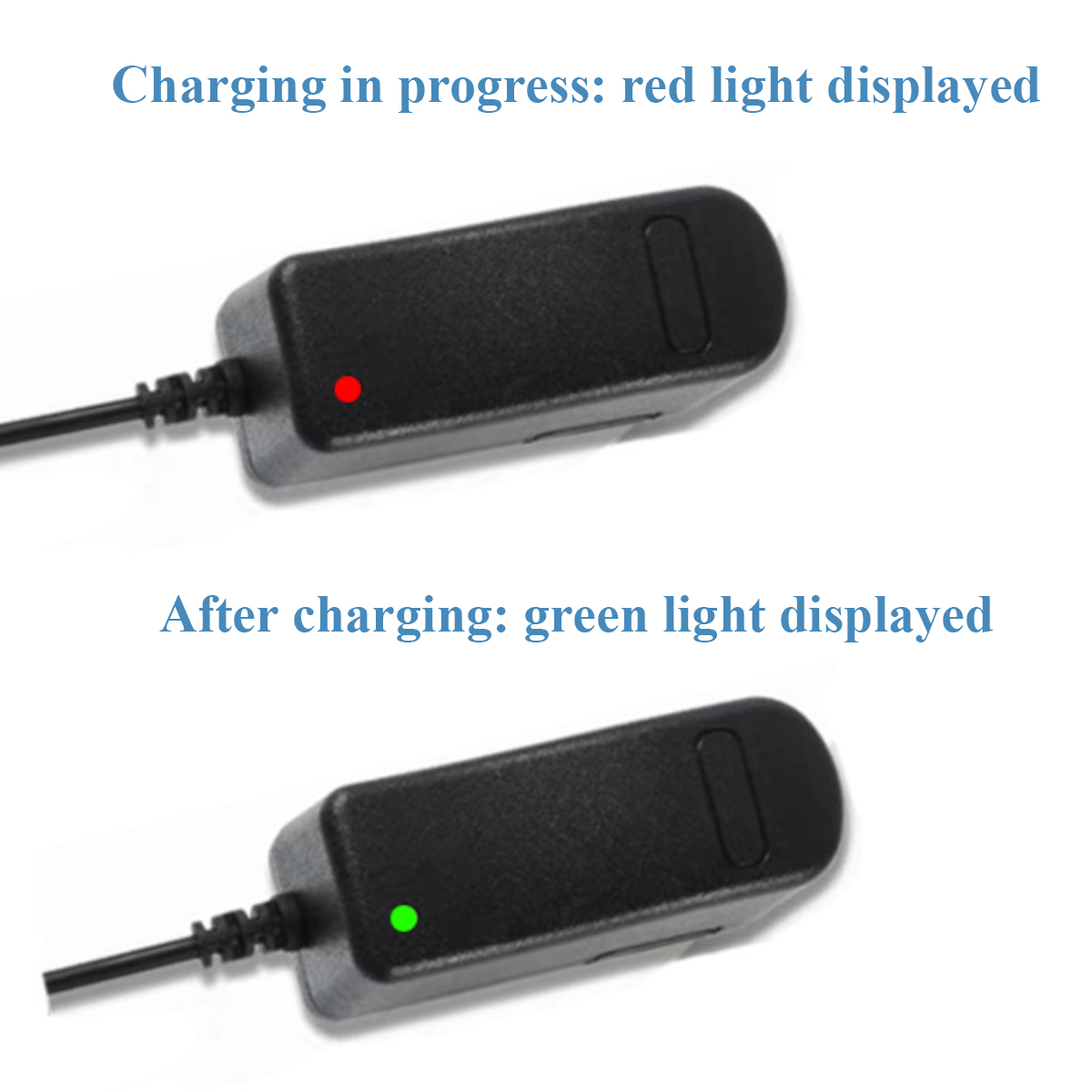 Zwei schwarze Netzadapter: einer mit rotem Licht, das das Aufladen anzeigt, und ein anderer mit grünem Licht nach dem Aufladen.