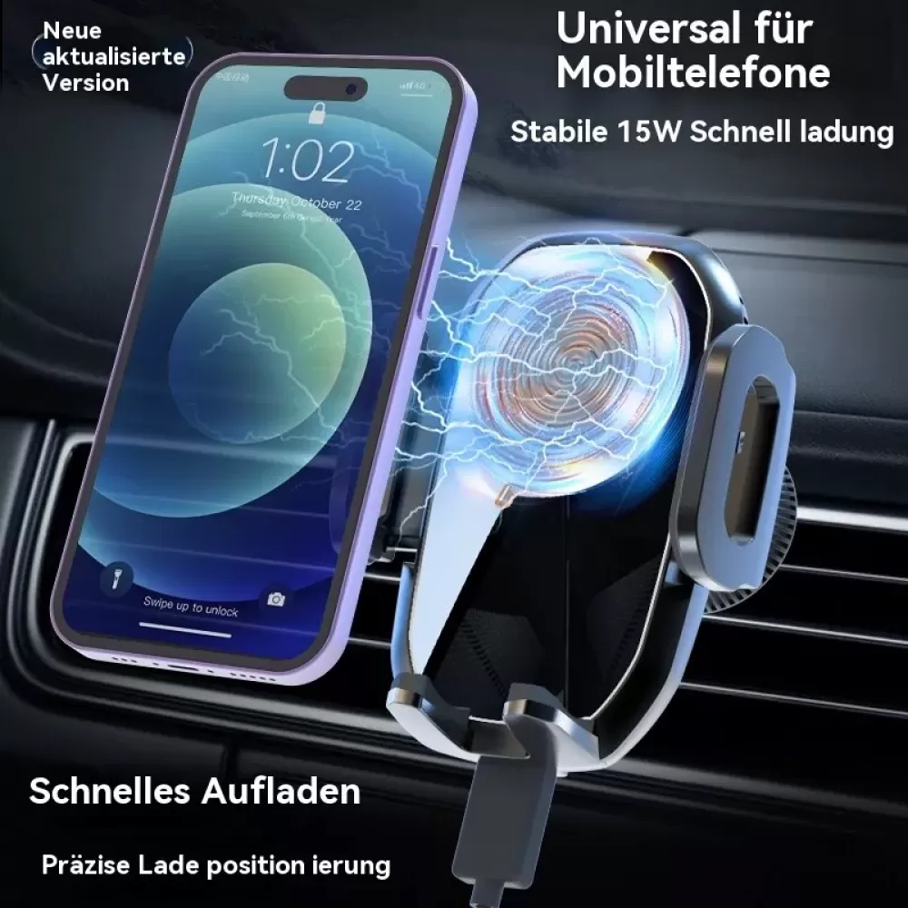 Ein Telefon, das kabellos in einer Autohalterung aufgeladen wird, mit deutschem Text, der stabiles 15-W-Schnellladen bewirbt.