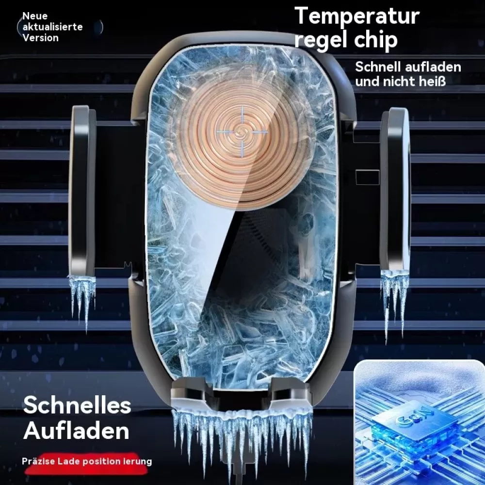 Eine Autohalterung mit einem Temperaturregelchip, um schnelles Laden ohne Überhitzung zu gewährleisten, Text auf Deutsch.
