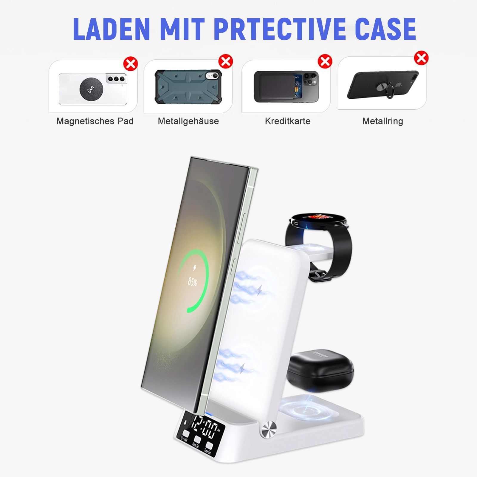 Eine kabellose Ladestation zeigt ein Telefon, eine Uhr und Kopfhörer beim Laden, mit durchgestrichenen Symbolen.