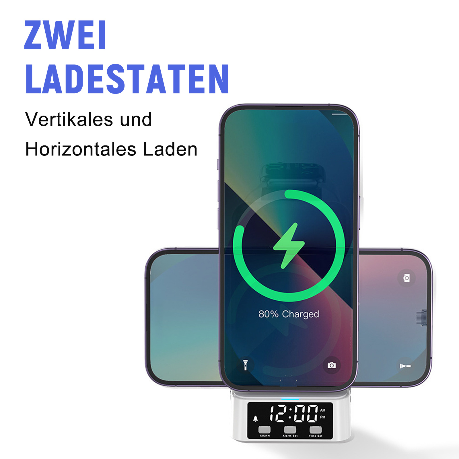 Das Bild zeigt ein kabelloses Ladegerät mit zwei Telefonen, die sowohl in vertikaler als auch in horizontaler Ausrichtung geladen werden.