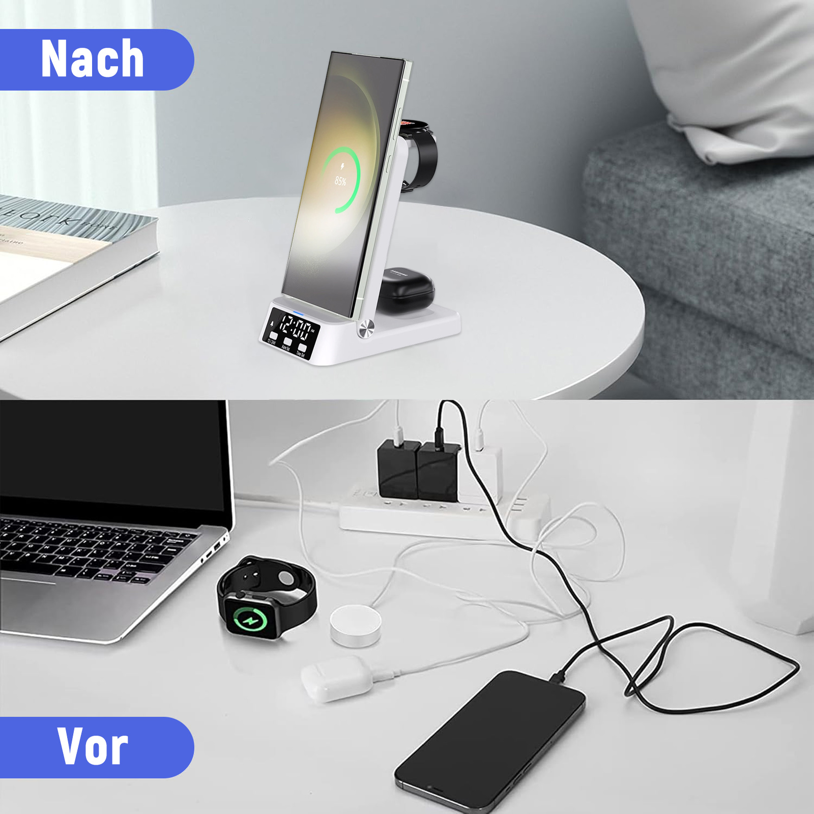 Das Bild zeigt ein kabelloses Ladegerät vor und nach der Kabelorganisation.