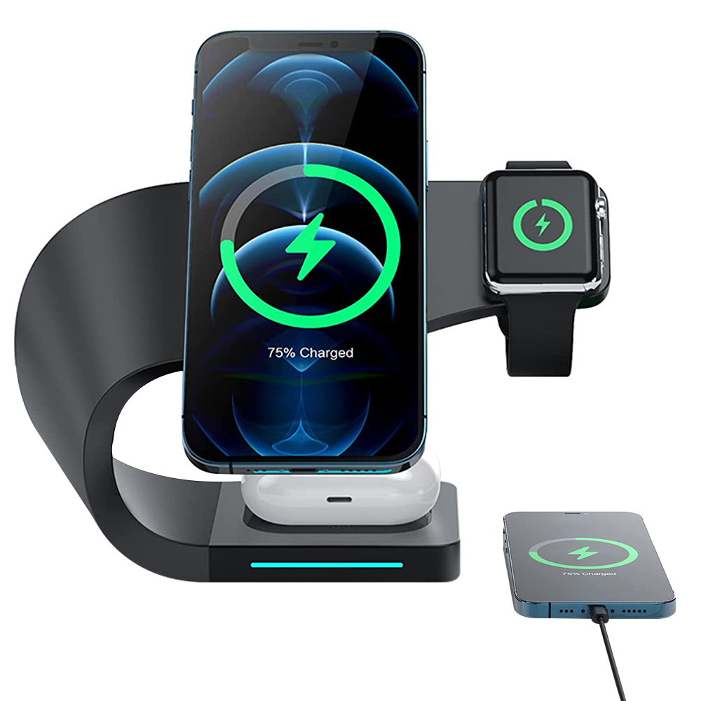 Das Bild zeigt eine schwarze 4-in-1-Funkladestation mit einem Telefon, einer Uhr und Ohrhörern.