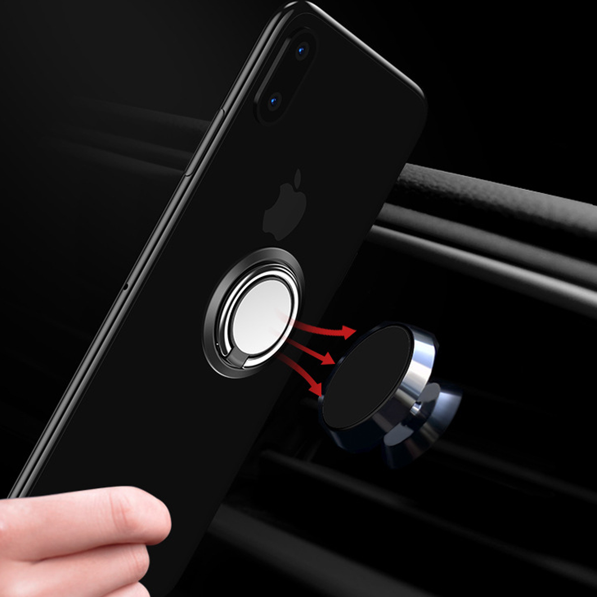 Ein schwarzes Telefon mit einem Ringhalter ist magnetisch an einer Autohalterung vor einem Lüftungsschlitz befestigt.