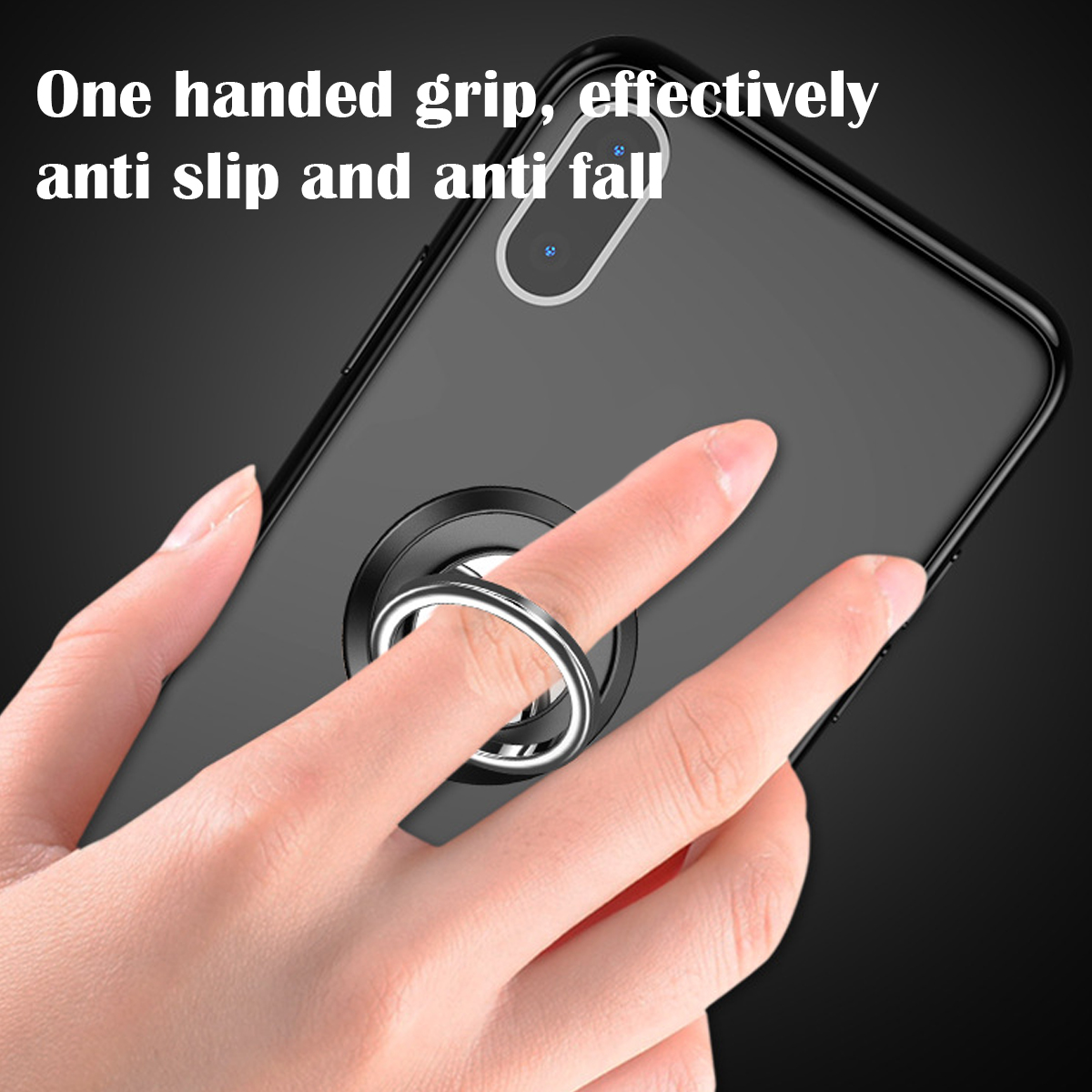 Eine Hand hält ein schwarzes Telefon mit einem silbernen Ringhalter, um einen sicheren Halt zu demonstrieren, um ein Verrutschen zu verhindern.