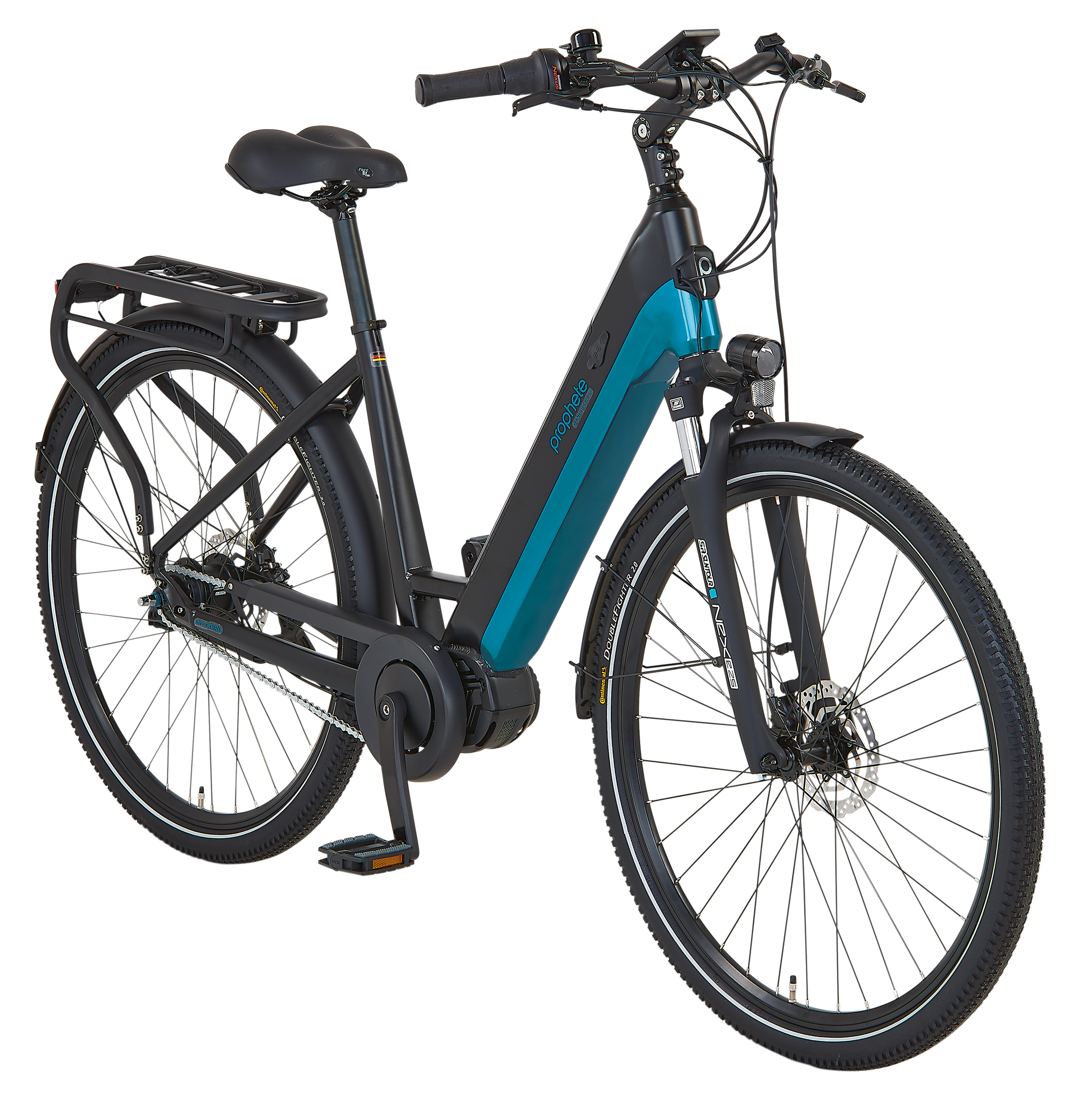 Ein schwarzes und blaugrünes E-Bike mit Gepäckträger und Federgabel vor weißem Hintergrund. 'Prophete'-Logo sichtbar.