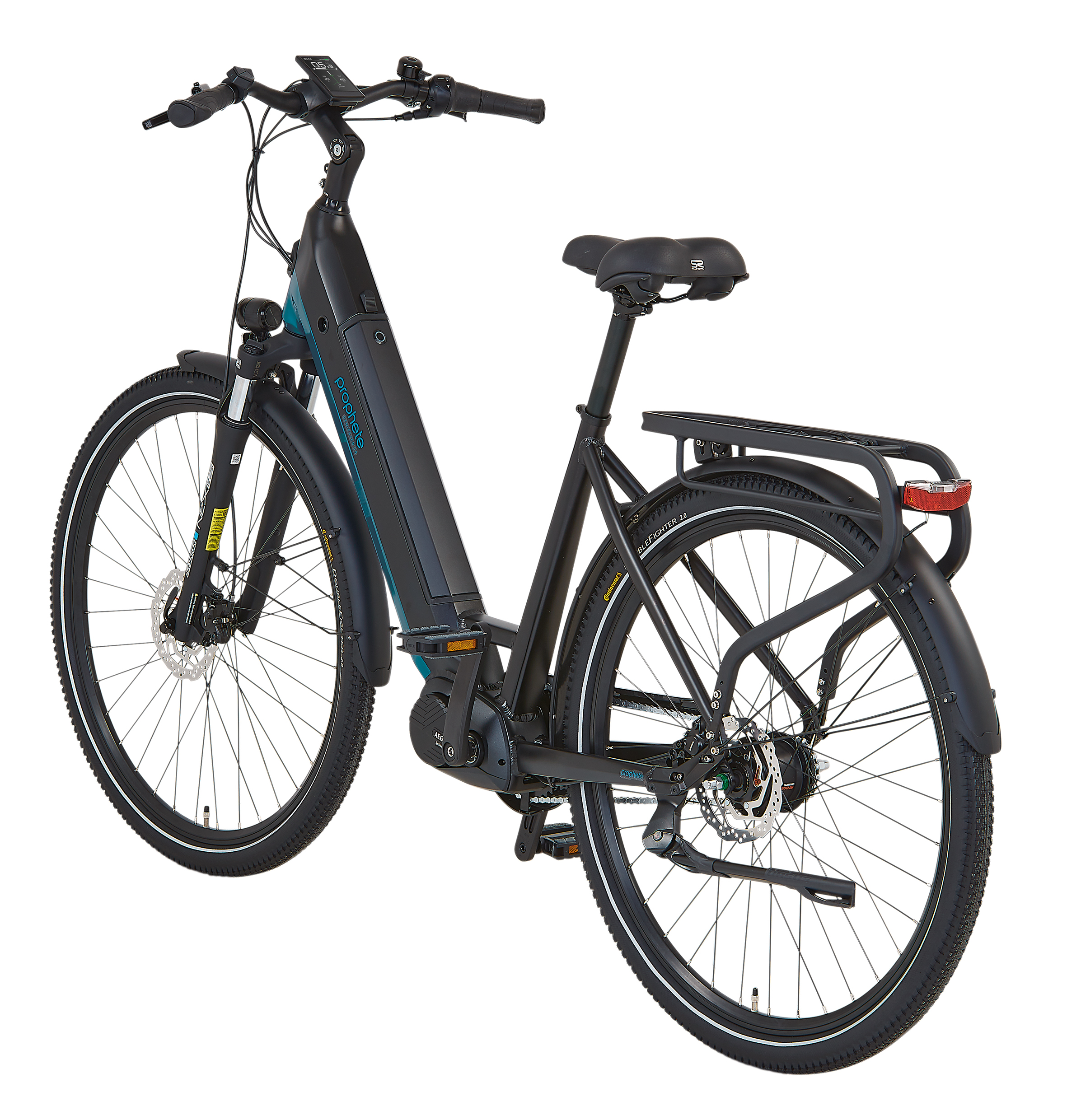 Ein schwarzes und blaugrünes E-Bike mit Gepäckträger, Lichtern und Federgabel. Das 'Prophete'-Logo ist auf dem Rahmen sichtbar.