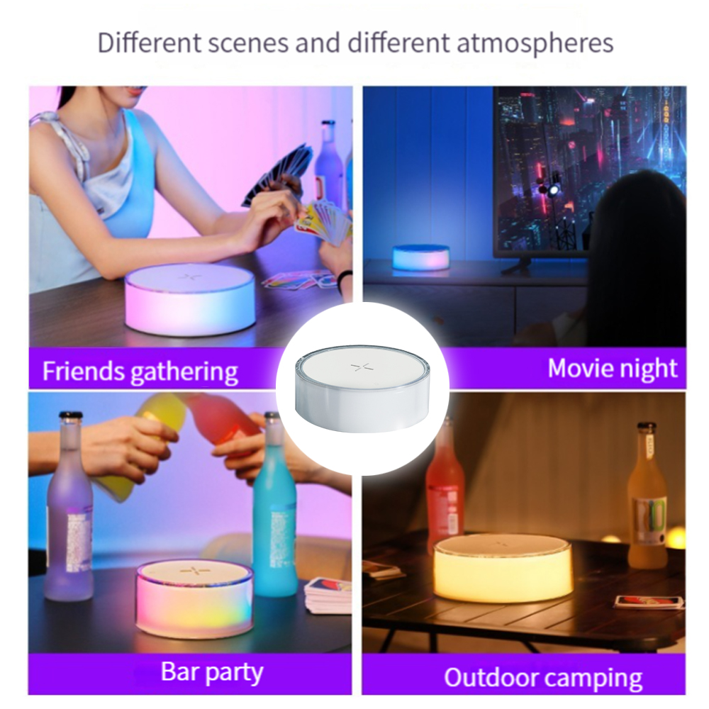 Collage, das ein weißes, rundes Gerät in verschiedenen Umgebungen wie einer Party, einem Filmabend und beim Outdoor-Camping zeigt.