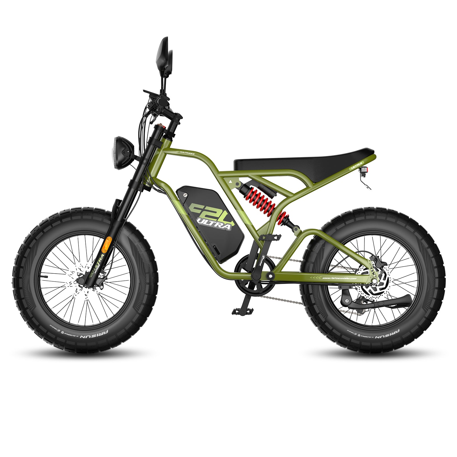 E-bike verde F20 Ultra con dettagli neri, un ammortizzatore rosso e pneumatici neri, mostrata di lato su bianco.