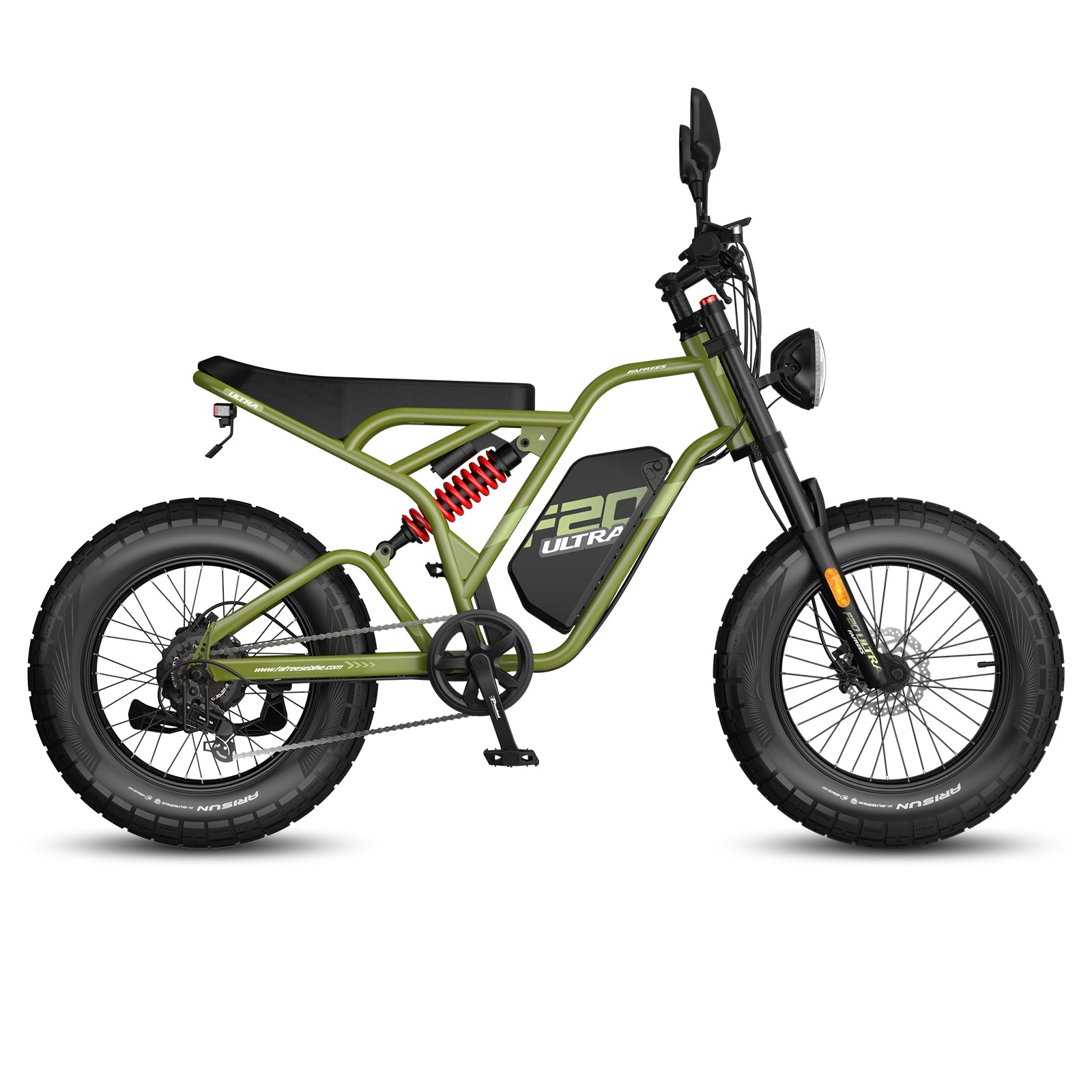 E-bike verde F20 Ultra con dettagli neri, un ammortizzatore rosso e pneumatici neri, su uno sfondo bianco.