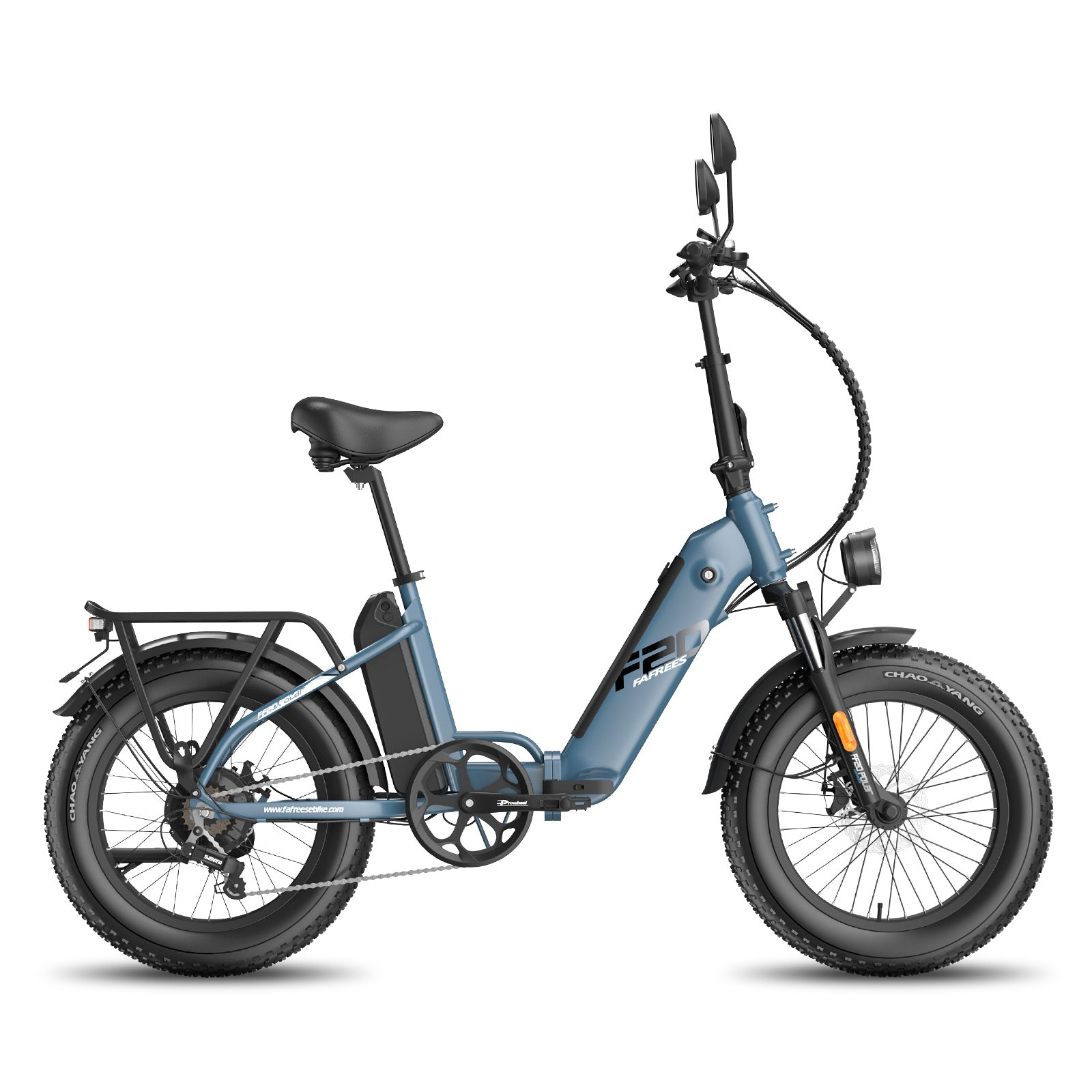 Una e-bike pieghevole azzurra è mostrata su uno sfondo bianco.