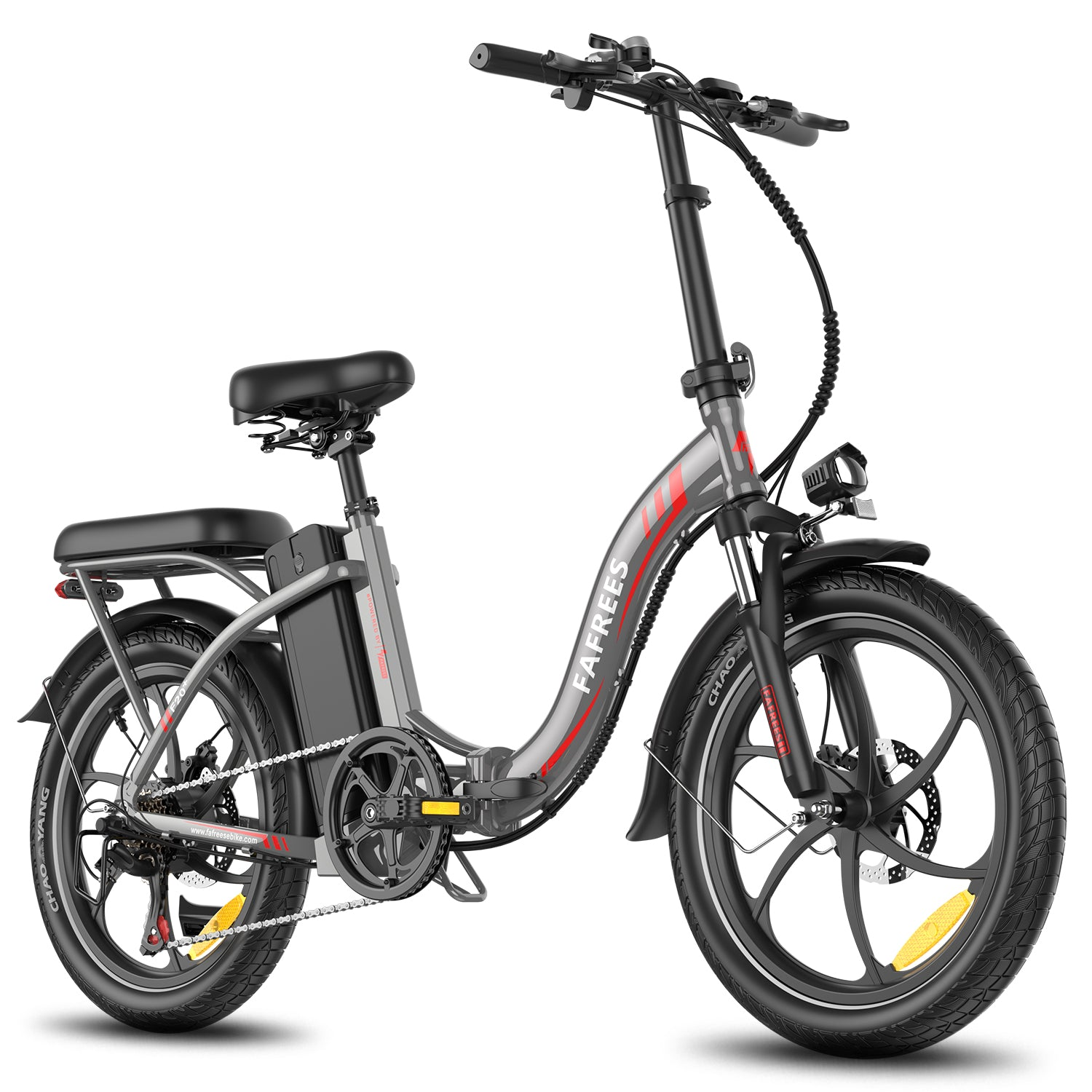 E-bike grigia con sella, pneumatici e pedali neri. La bici ha una striscia rossa e il marchio "FAFREES" sul telaio.