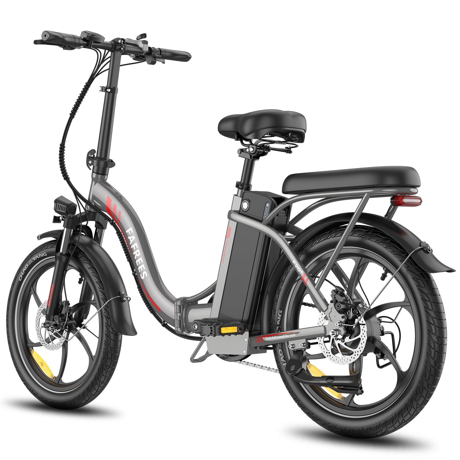 E-bike grigia con sella, pneumatici e pedali neri. La bici ha una striscia rossa e il marchio "FAFREES" sul telaio.