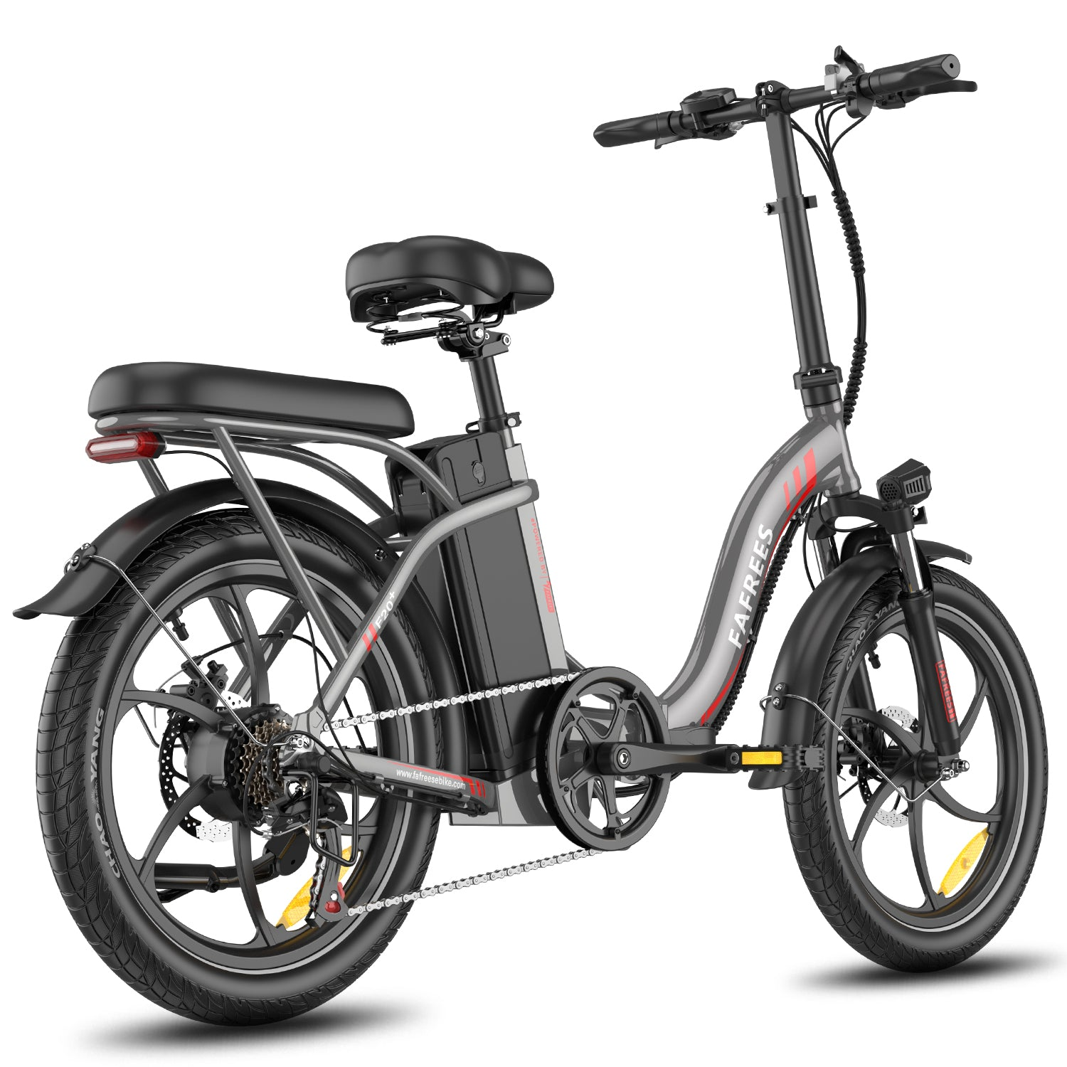 E-bike grigia con sella, pneumatici e pedali neri. La bici ha una striscia rossa e il marchio "FAFREES" sul telaio.