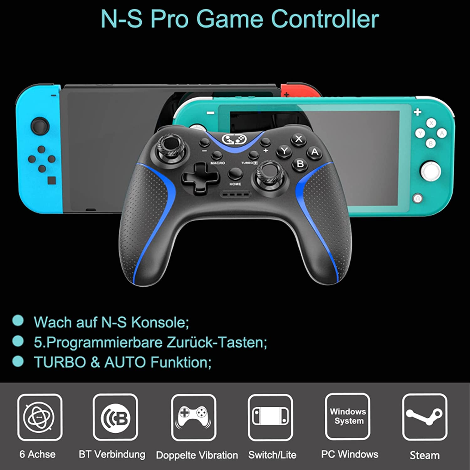 Ein schwarz-blauer N-S Pro Game Controller wird vor zwei Spielekonsolen angezeigt.
