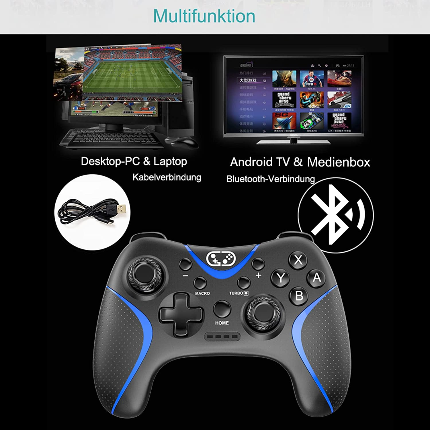 Ein schwarz-blaues Gamepad mit einem USB-Kabel und einem Bluetooth-Symbol wird angezeigt.