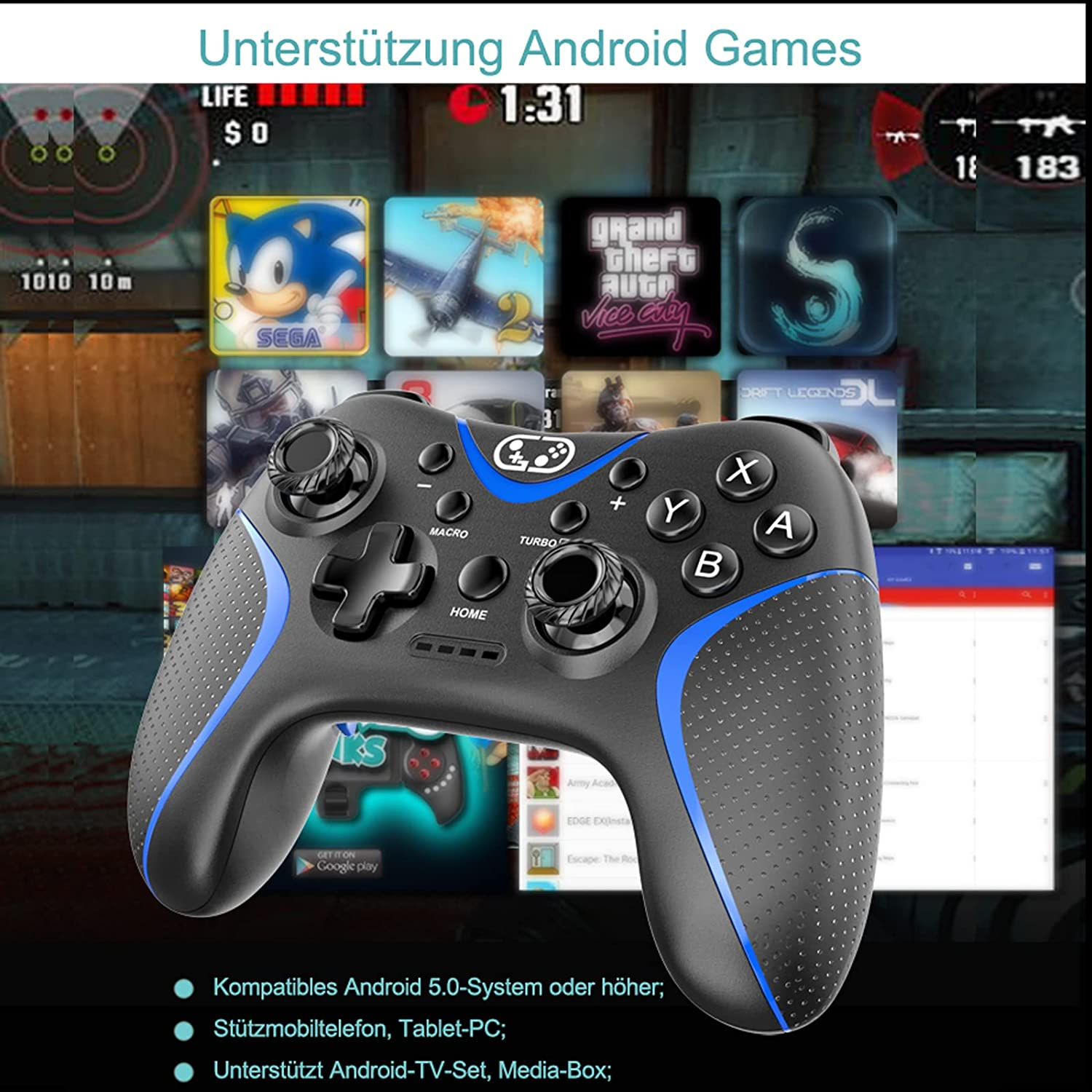 Ein schwarz-blaues Gamepad mit verschiedenen Spielsymbolen im Hintergrund.