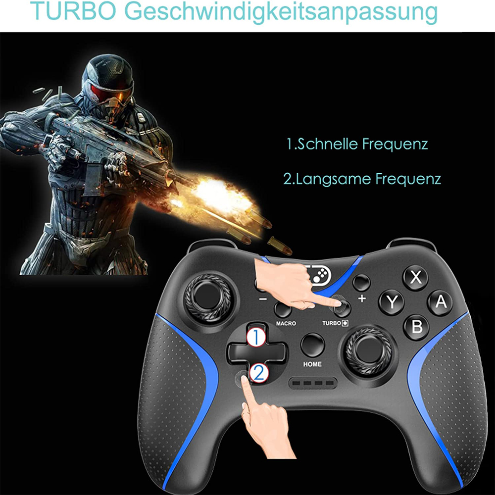 Ein schwarz-blaues Gamepad mit Händen, die Turbo-Geschwindigkeitsanpassungen anzeigen.