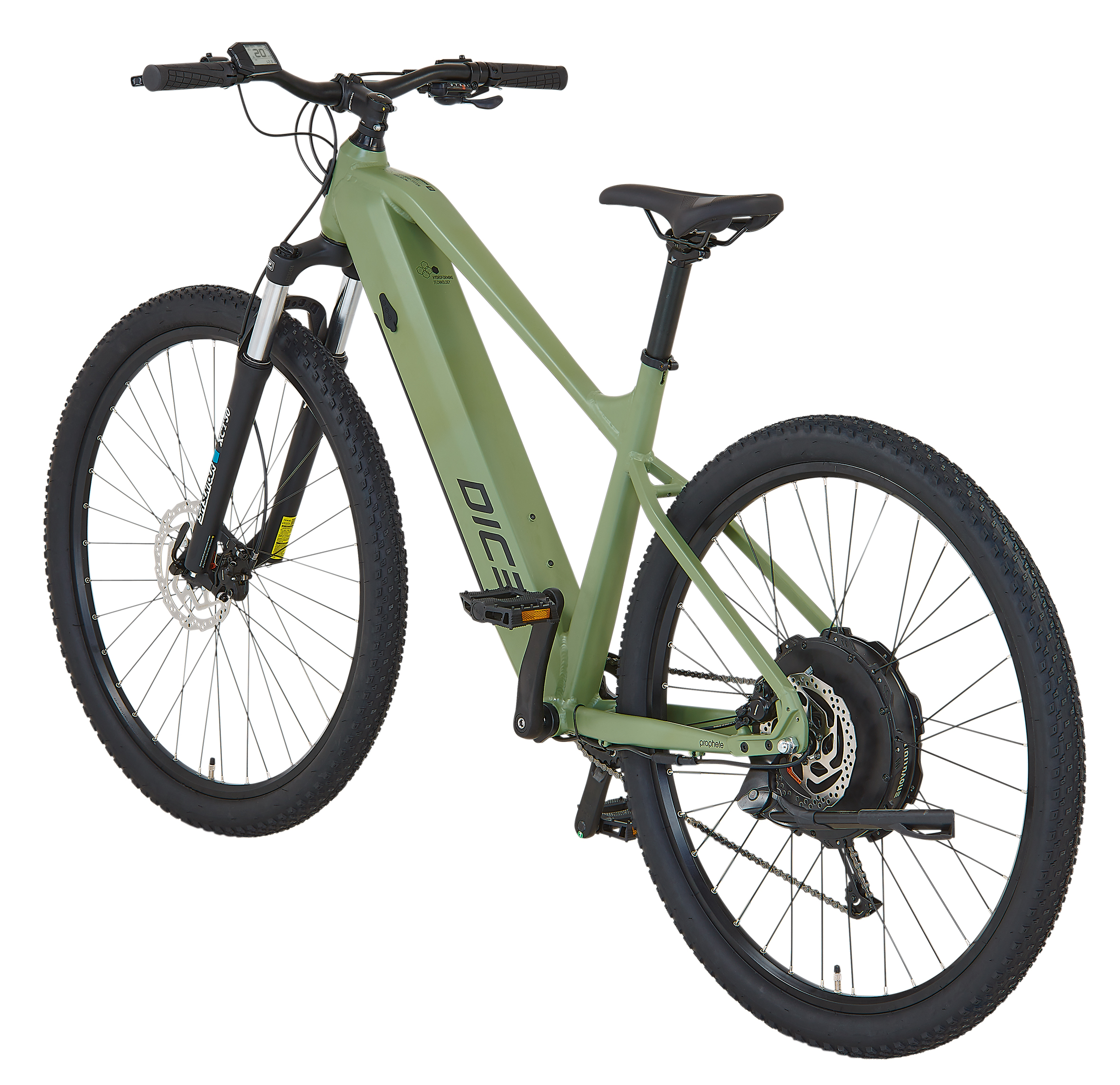 Ein grünes Elektrofahrrad ist so angewinkelt, dass Rahmen, Räder und elektrische Komponenten vor einem weißen Hintergrund zu sehen sind.