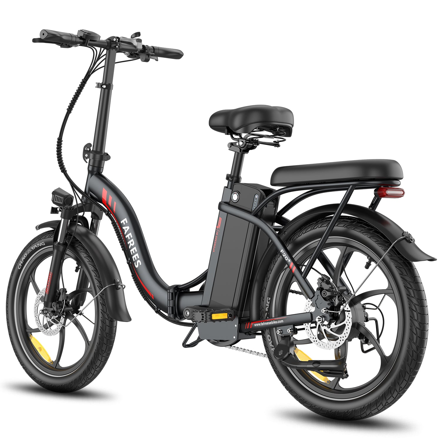 Ein FAREES E-Bike verfügt über einen schwarzen Rahmen, Sitz, Akku und Scheibenbremsen vor einem weißen Hintergrund.
