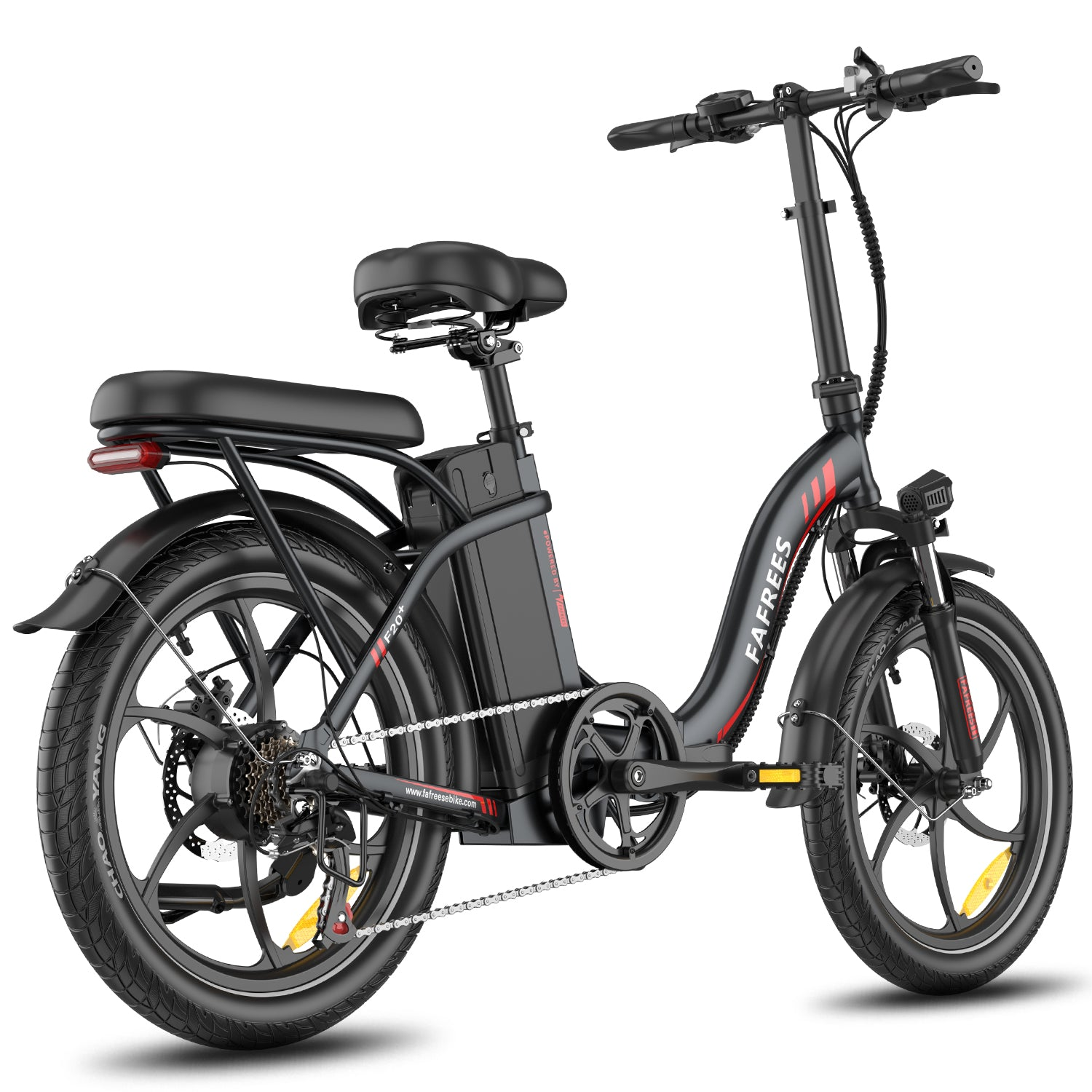 Schwarzes FAREES E-Bike mit Sitz, Batterie und Scheibenbremsen auf Weiß. Mit Lichtern und Reflektoren.