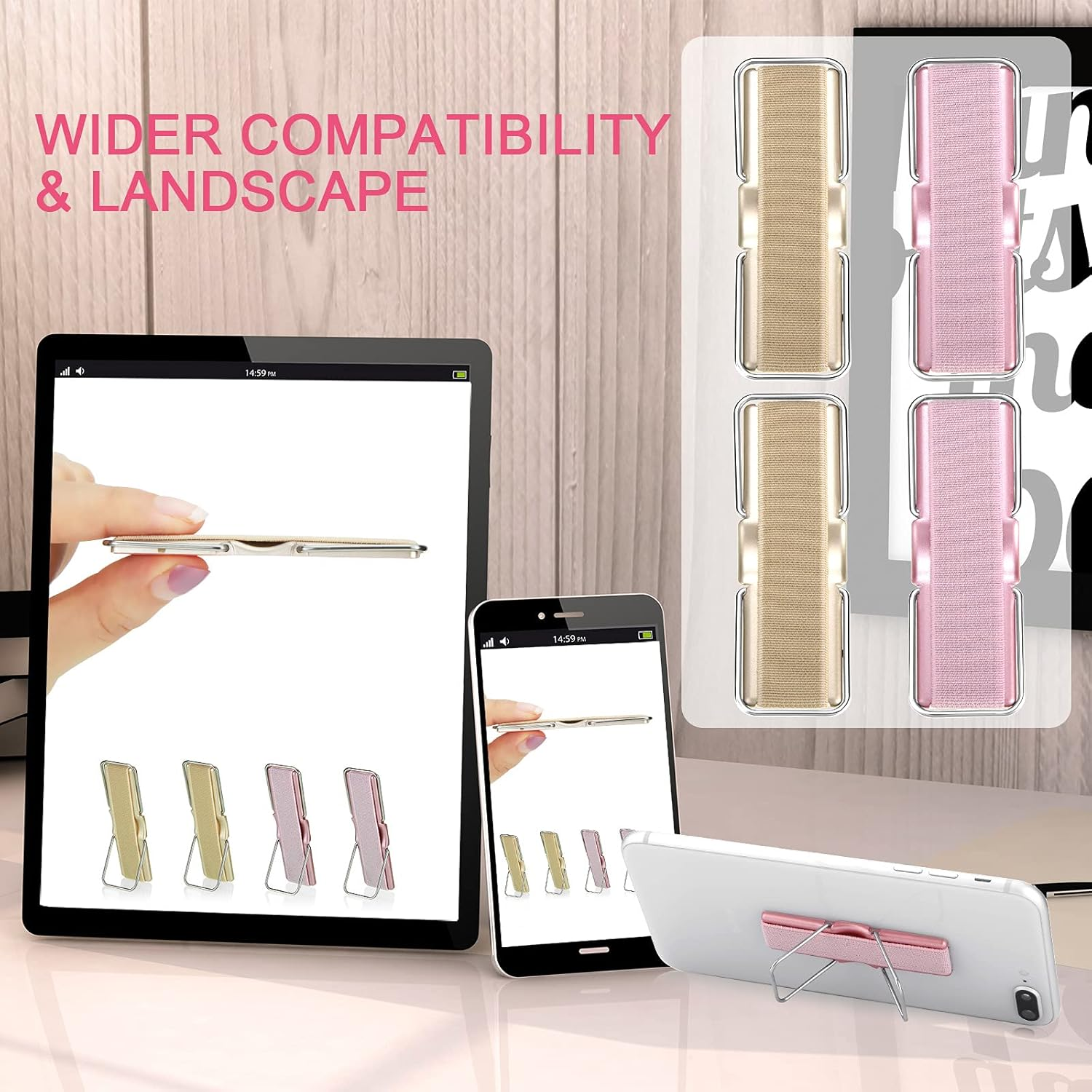 Ein Telefon- und Tablet-Ständer mit elastischen Bändern in Gold und Pink wird angezeigt.