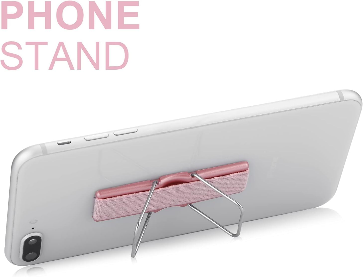 Ein weißes Smartphone hat einen rosafarbenen Gummiband auf der Rückseite und einen silbernen Ständer.