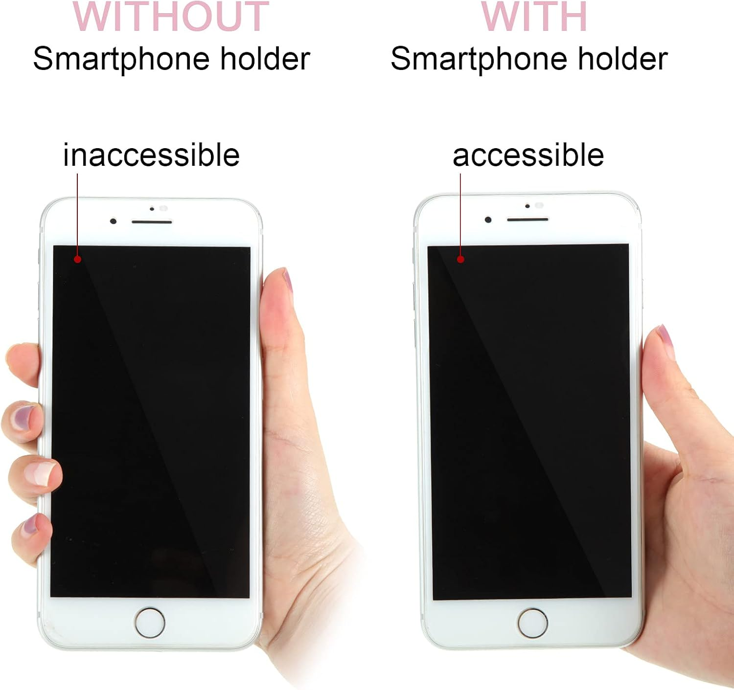 Zwei Smartphones zeigen den Unterschied, den ein Smartphone-Halter in Bezug auf die Zugänglichkeit machen kann.