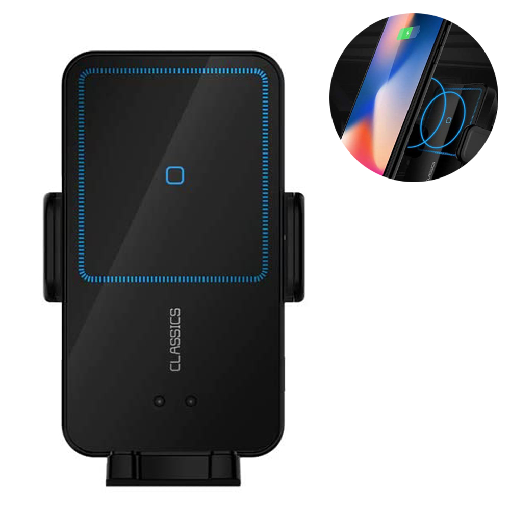 Ein schwarzes kabelloses Autoladegerät mit blauen Lichtakzenten, isoliert auf einem weißen Hintergrund, das ein aufladendes Telefon zeigt.