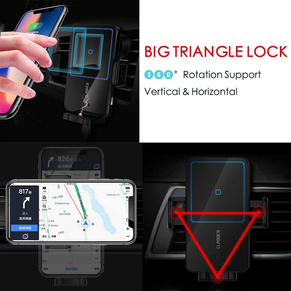 Collage, das ein Telefon in einer Autohalterung zeigt und die 360°-Drehfunktion und den sicheren Verriegelungsmechanismus hervorhebt.