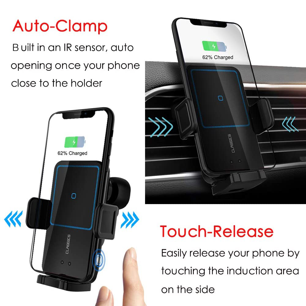 Bilder heben die Auto-Clamp-Funktion und die Touch-Release-Funktionalität einer Handy-Autohalterung auf weißem Hintergrund hervor.