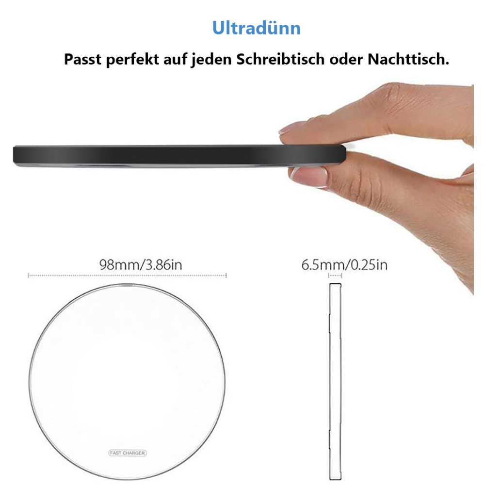 Das Bild zeigt die Abmessungen eines ultradünnen kabellosen Ladegeräts und hebt sein schlankes Profil hervor.