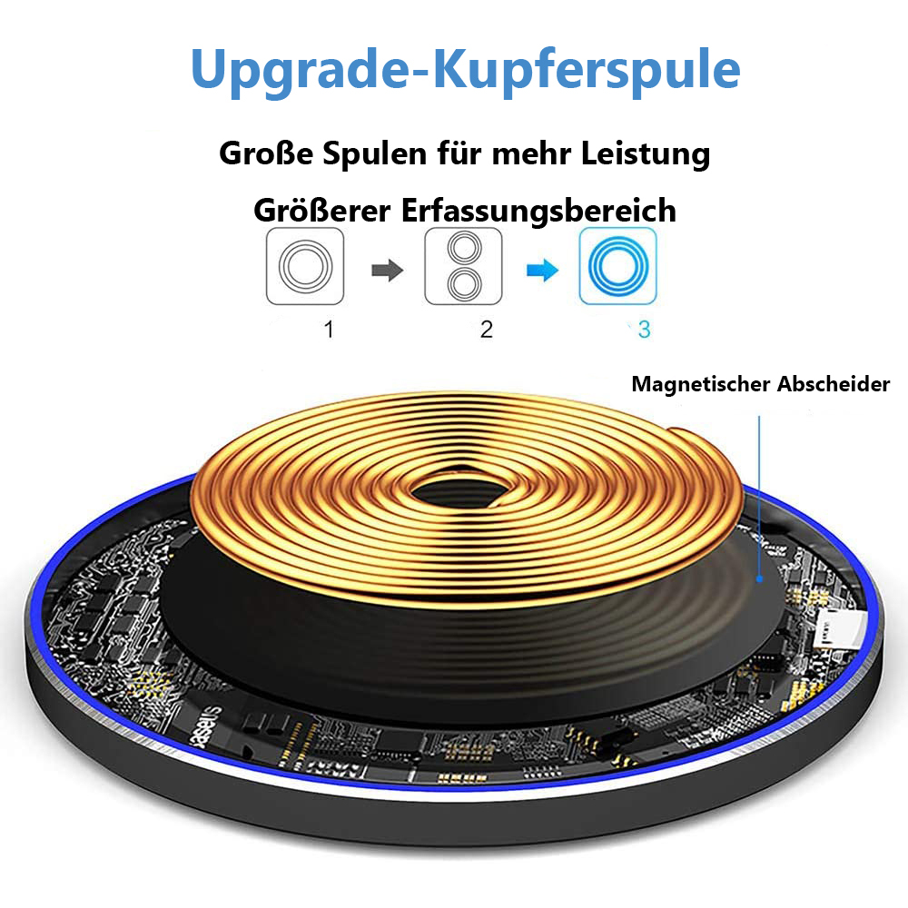Das Bild zeigt die internen Komponenten eines kabellosen Ladegeräts mit einem verbesserten Kupferspulendesign.
