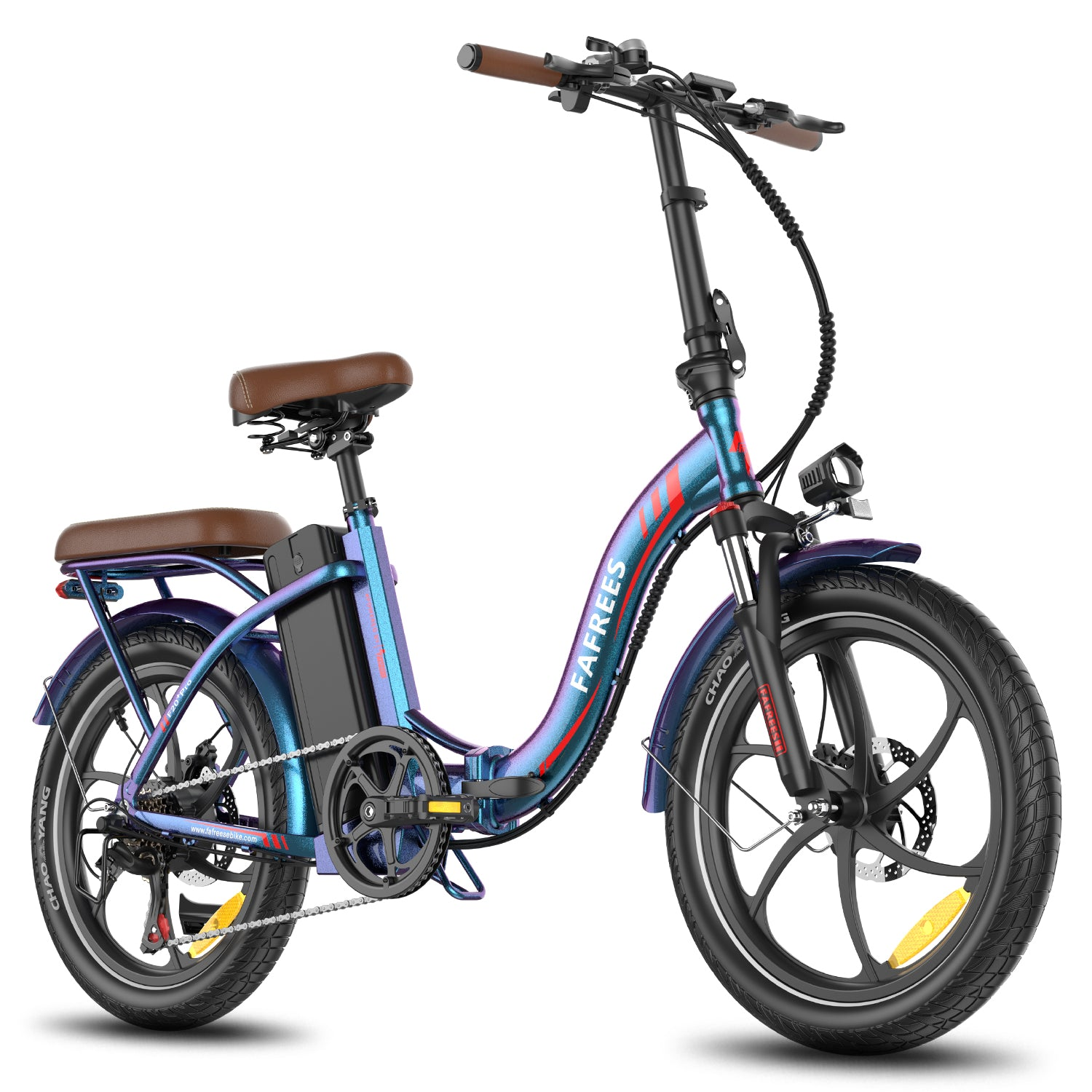 Ein blaues Fafrees E-Bike mit braunem Sitz und Lenker, mit Frontscheinwerfer und schwarzen Reifen.