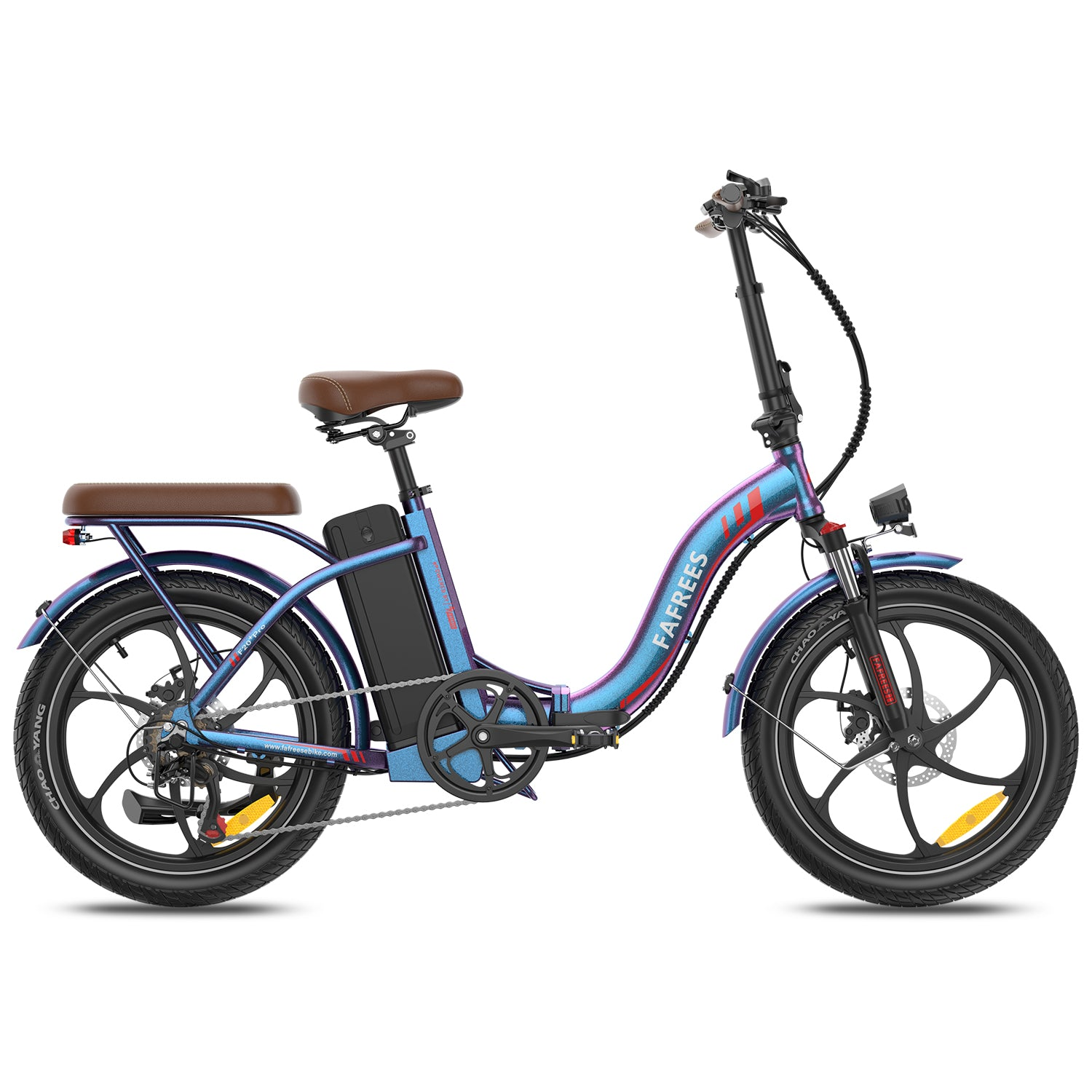 Ein blaues Fafrees E-Bike mit braunem Sitz, mit Frontscheinwerfer und schwarzen Reifen, Seitenansicht.
