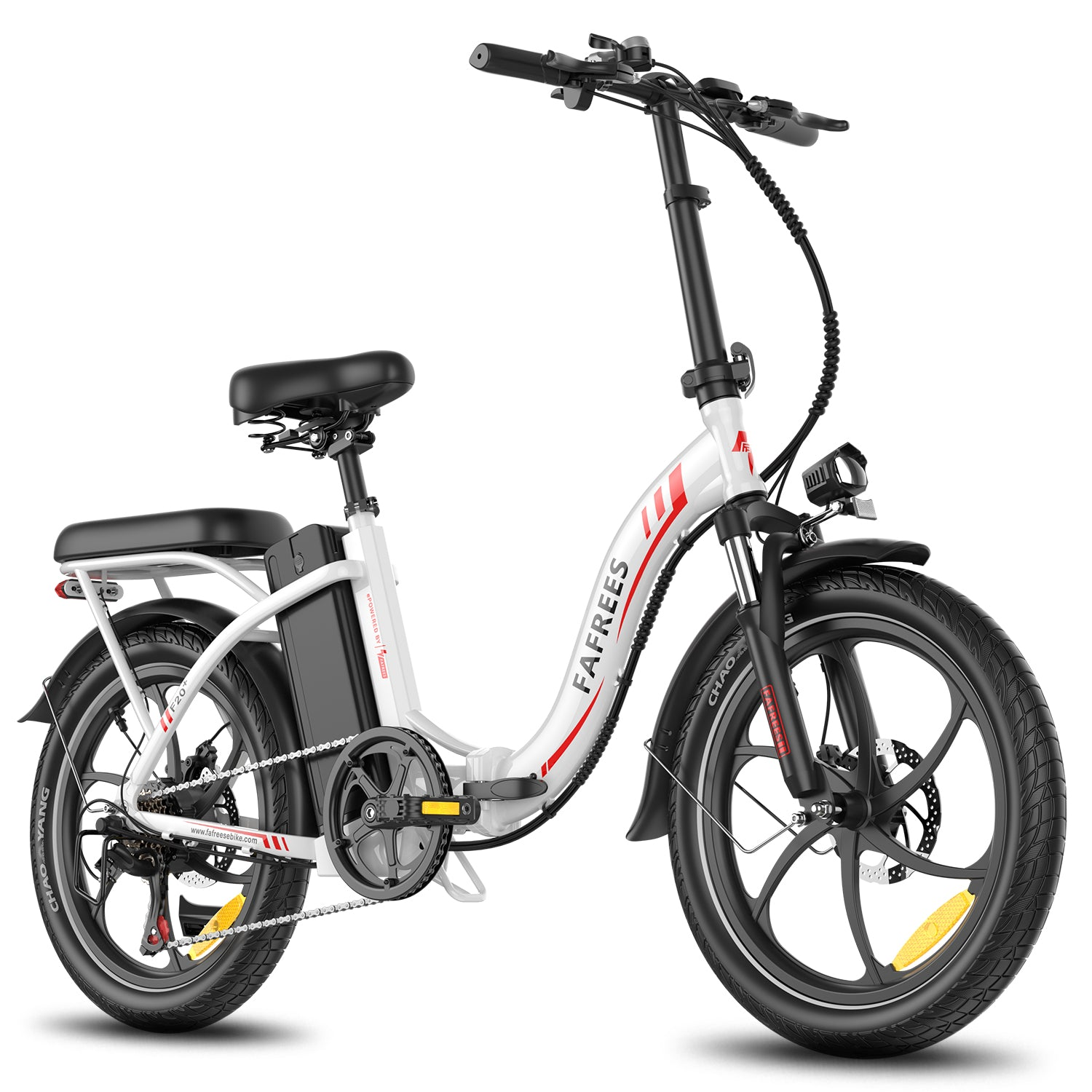 Bicicletta elettrica bianca con sella e pneumatici neri su uno sfondo bianco.