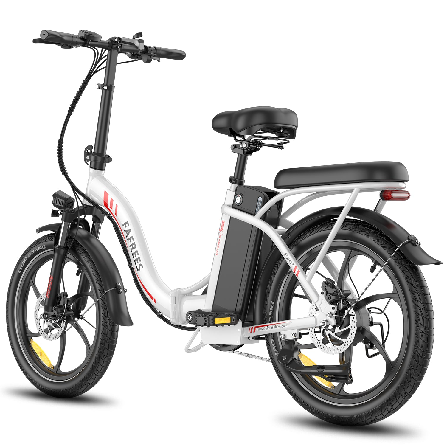 Bicicletta elettrica bianca con sella e pneumatici neri su uno sfondo bianco.