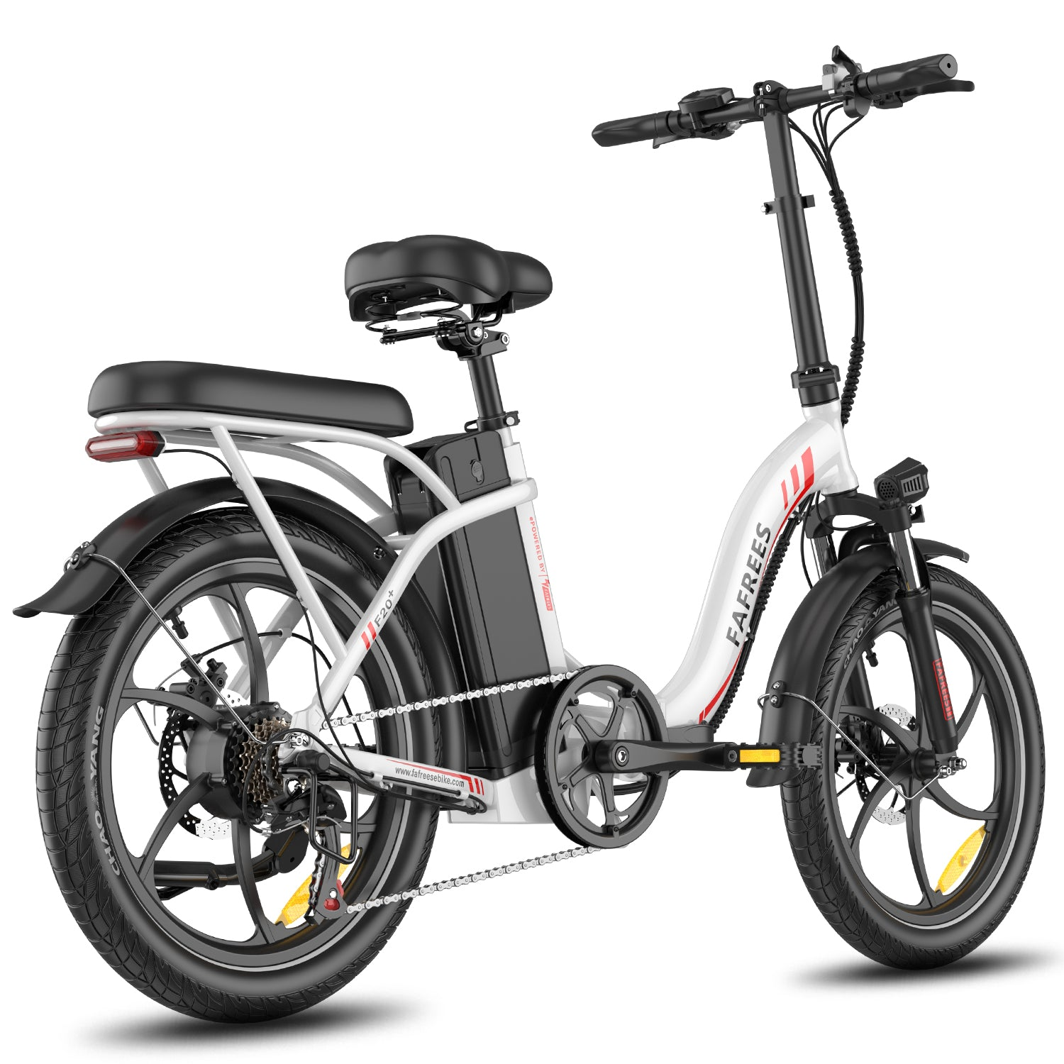 Una e-bike FAREES bianca con sella nera e pacco batteria su sfondo bianco.
