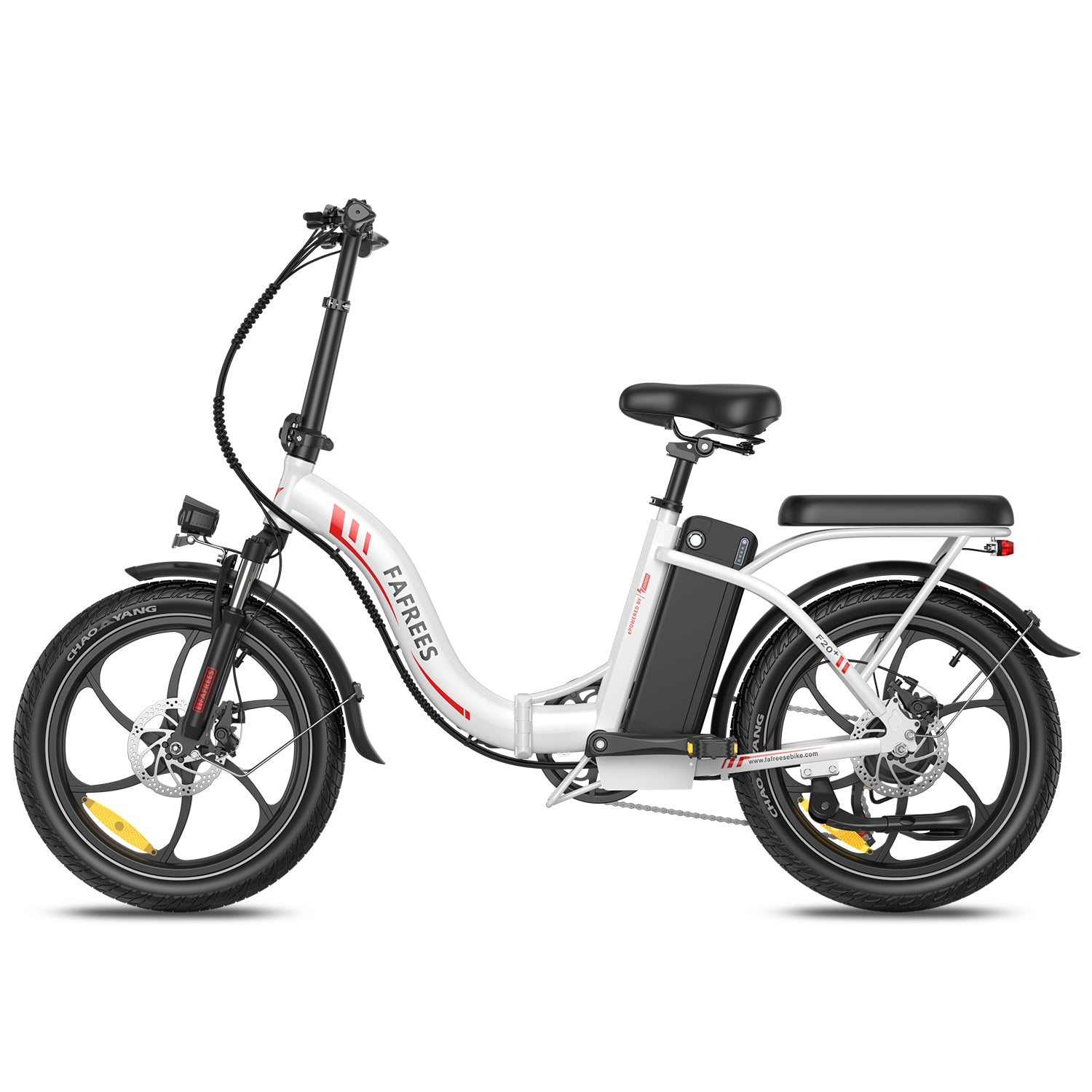 Una e-bike FAREES bianca con pneumatici neri e una sella nera su uno sfondo bianco.